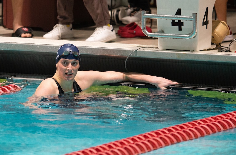 CAMBRIDGE, MA - FEBRUARY 18: University of Pennsylvania swimmer Lia Thomas looks on after winning the 200 yard freestyle during the 2022 Ivy League Women's Swimming and Diving Championships at Blodgett Pool on February 18, 2022 in Cambridge, Massachusetts. (Photo by Kathryn Riley/Getty Images)