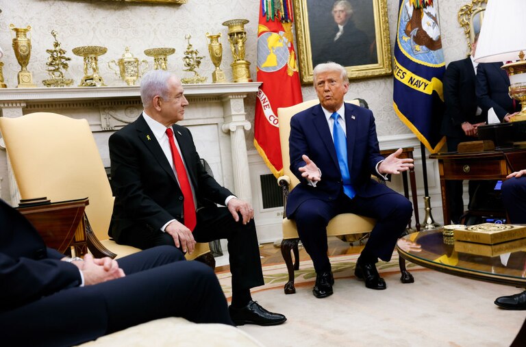 U.S. President Donald Trump, accompanied by Israeli Prime Minister Benjamin Netanyahu (L) speaks during a meeting in the Oval Office of the White House on February 04, 2025.