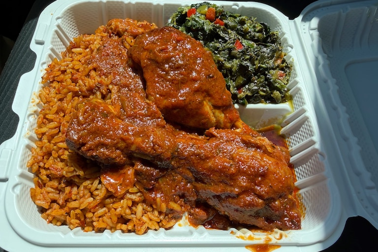 Jodeem African Cuisine in Greenbelt’s Beltway Plaza Mall serves comforting stews and dishes from Nigeria. The classic preparation of jollof rice and chicken is a standout.