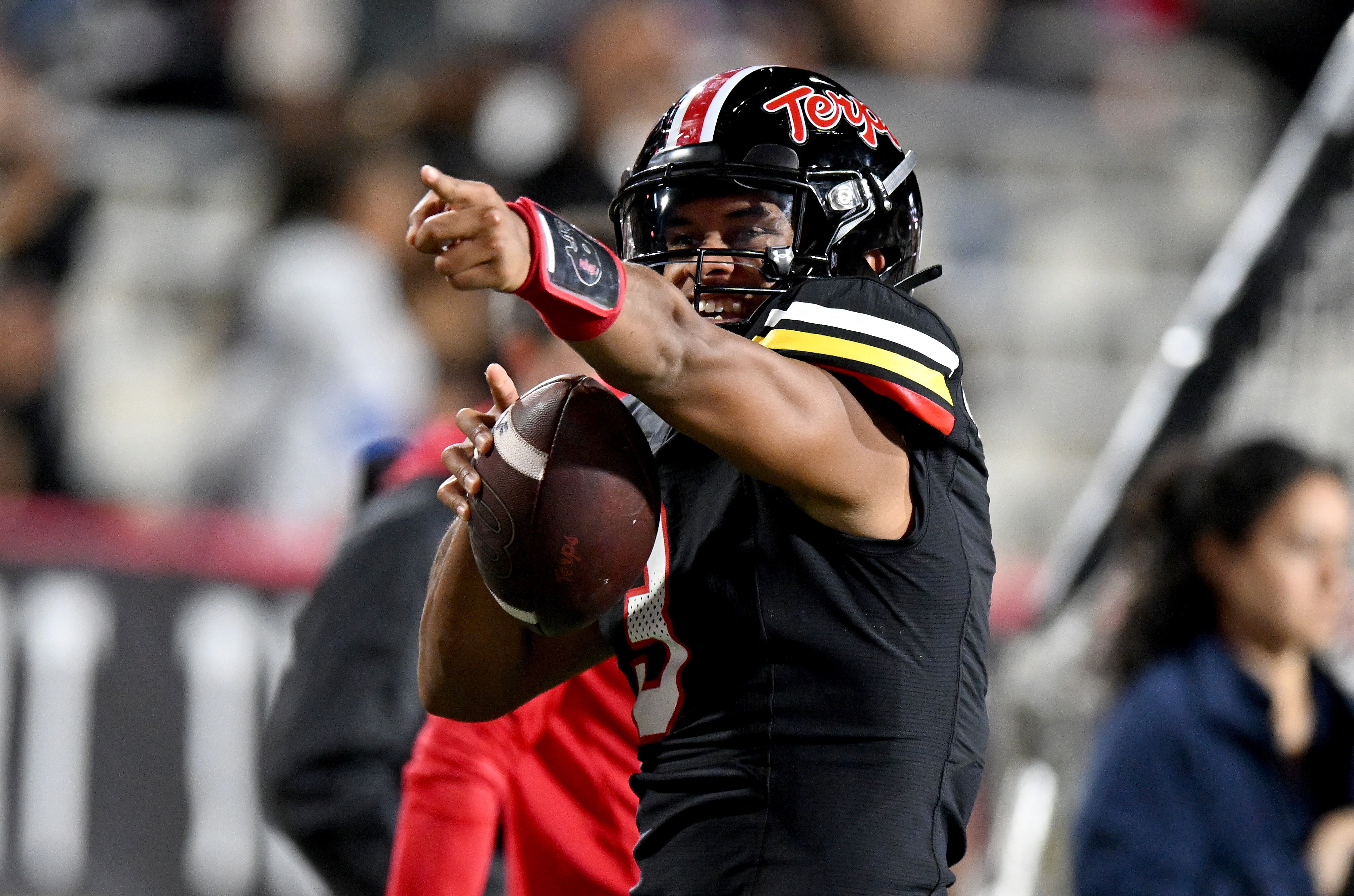 COLLEGE PARK, MARYLAND - SEPTEMBER 15: Taulia Tagovailoa #3 of the Maryland Terrapins celebrates a first down in the fourth quarter against the Virginia Cavaliers at SECU Stadium on September 15, 2023 in College Park, Maryland. (Photo by Greg Fiume/Getty Images)