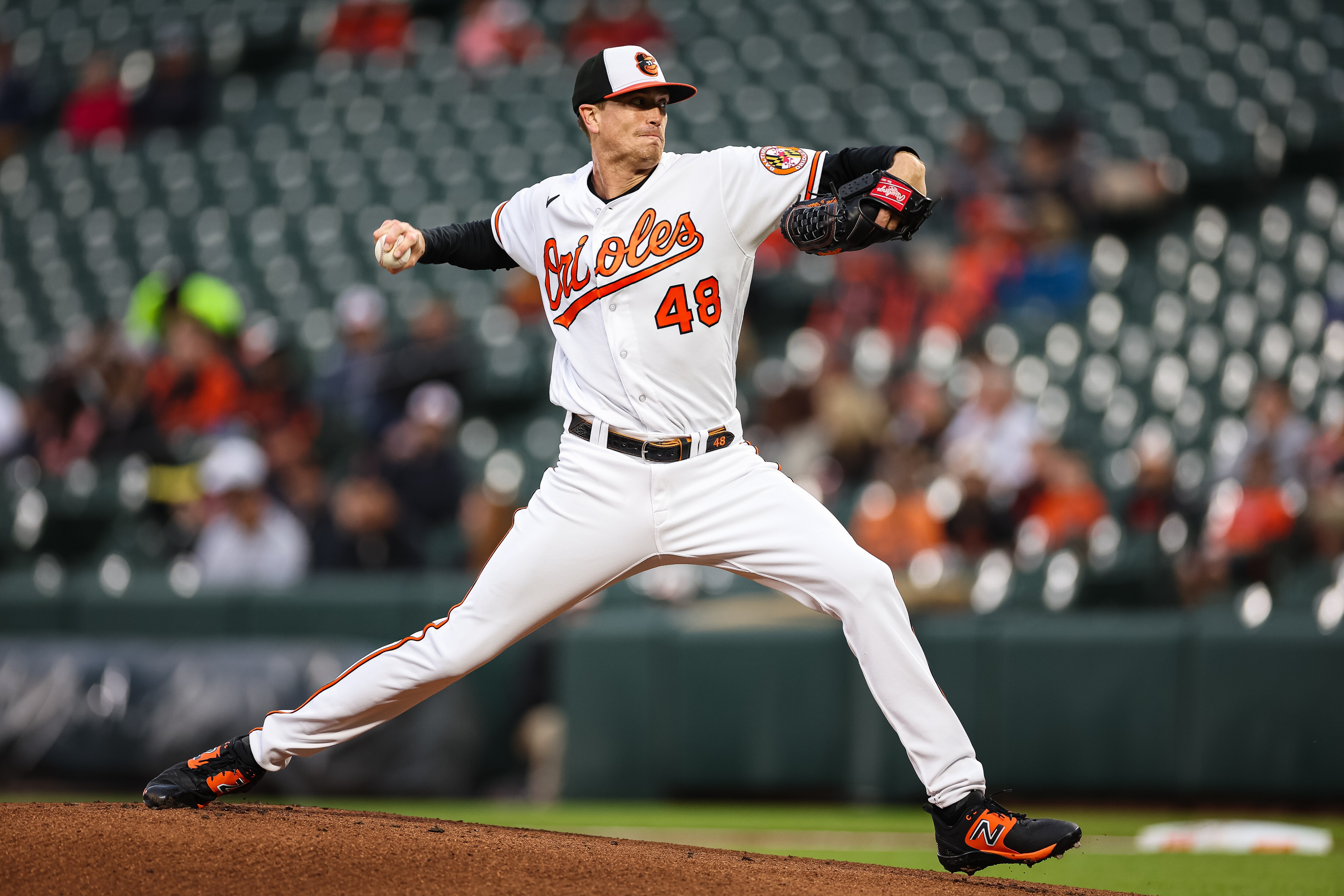 Kyle Gibson #48 of the Baltimore Orioles pitches against the Detroit Tigers during the first inning at Oriole Park at Camden Yards on April 22, 2023 in Baltimore, Maryland.