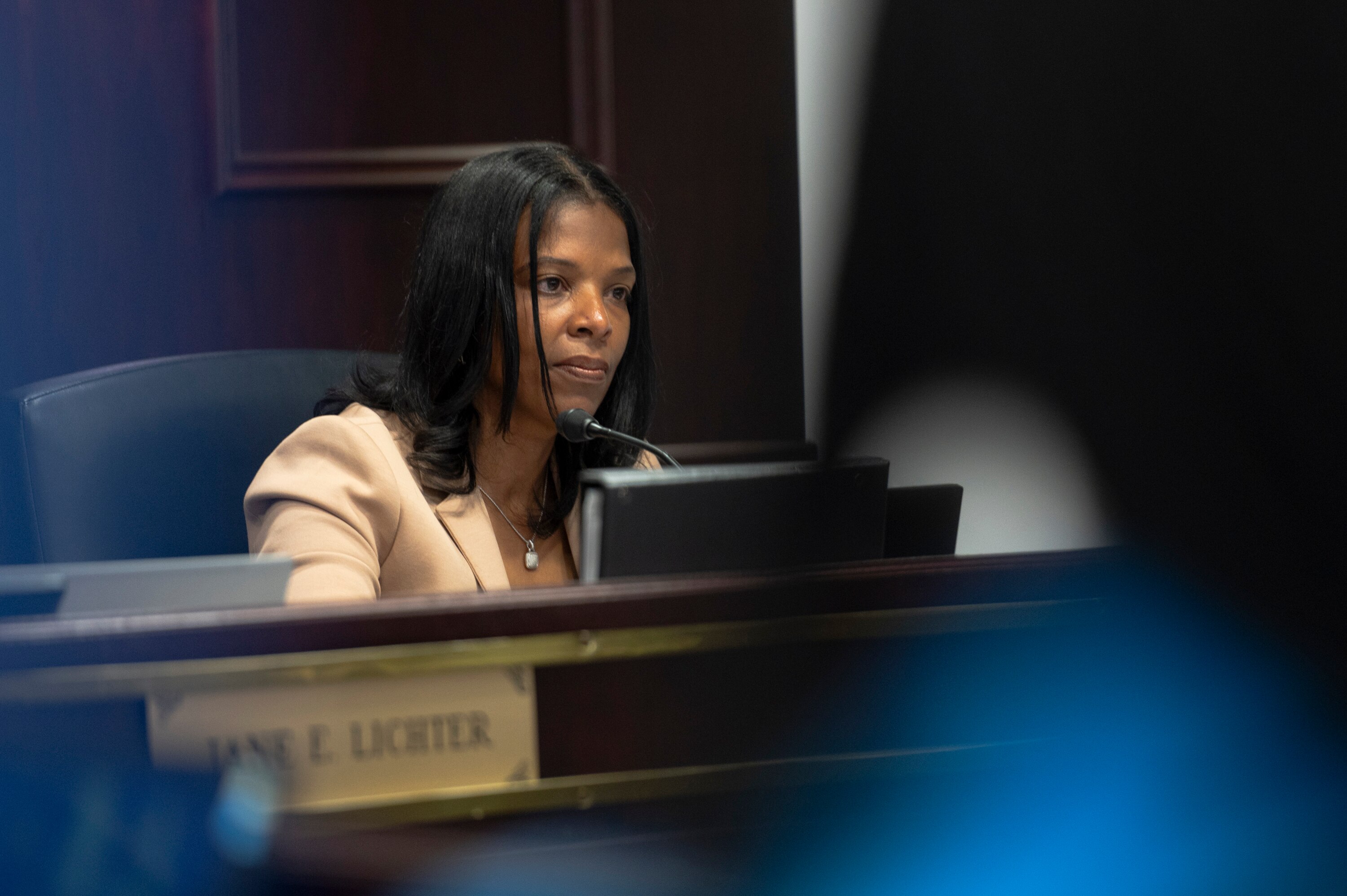Myriam Yarbrough listens during a Baltimore County Board of Education meeting on July 11, 2023.