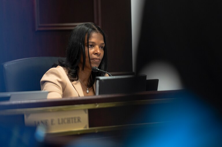 Myriam Yarbrough listens during a Baltimore County Board of Education meeting on July 11, 2023.