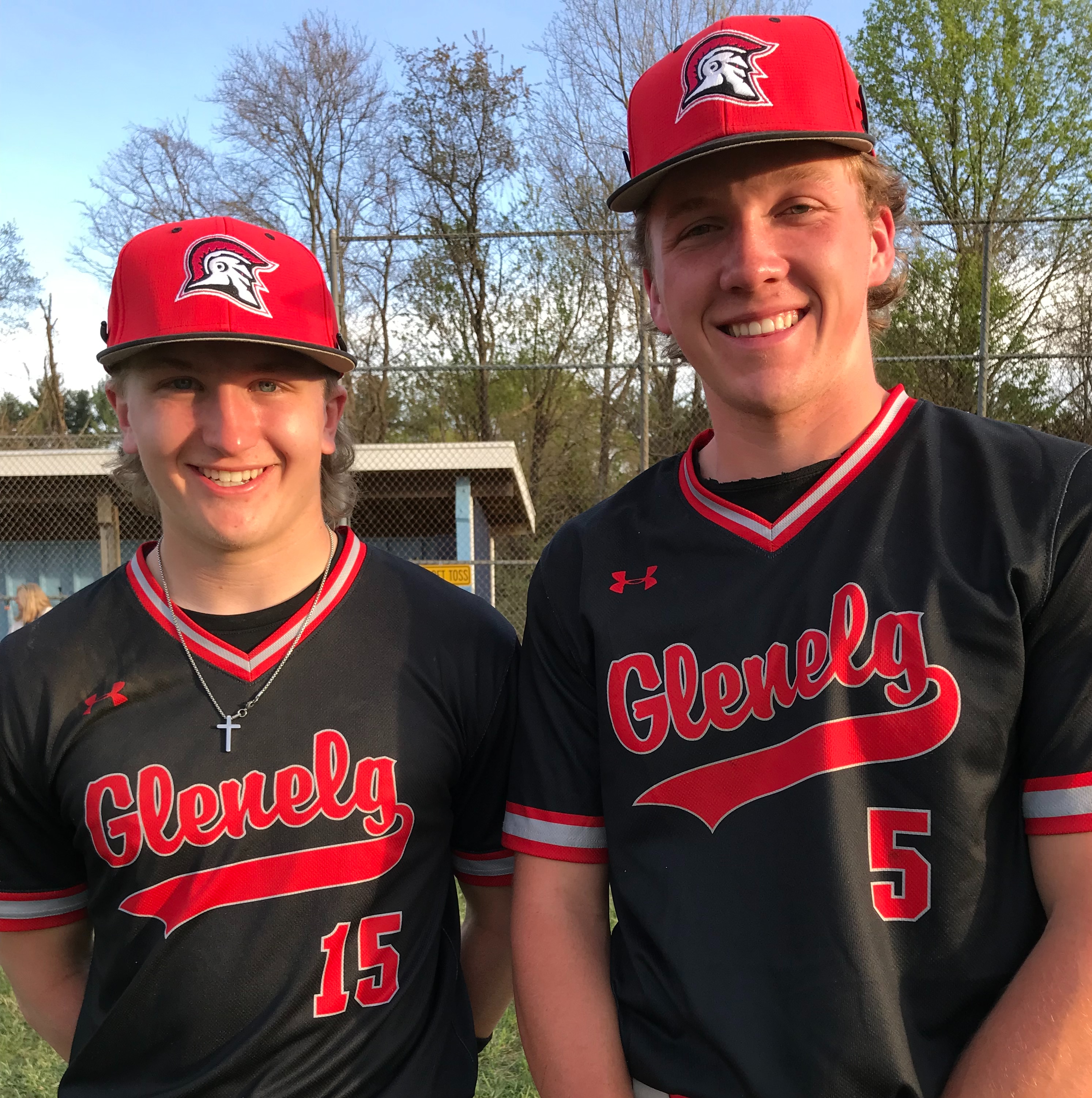 Logan Puscheck (left) and DJ Stolba helped Glenelg maintain a share of first place in the Howard County baseball league Tuesday. Stolba had a home run and drove in 3 runs and Puscheck accounted for the game winning RBI in a 4-run sixth inning rally as the No. 6 Gladiators defeated 10th-ranked River Hill, 8-7, in Clarksville.