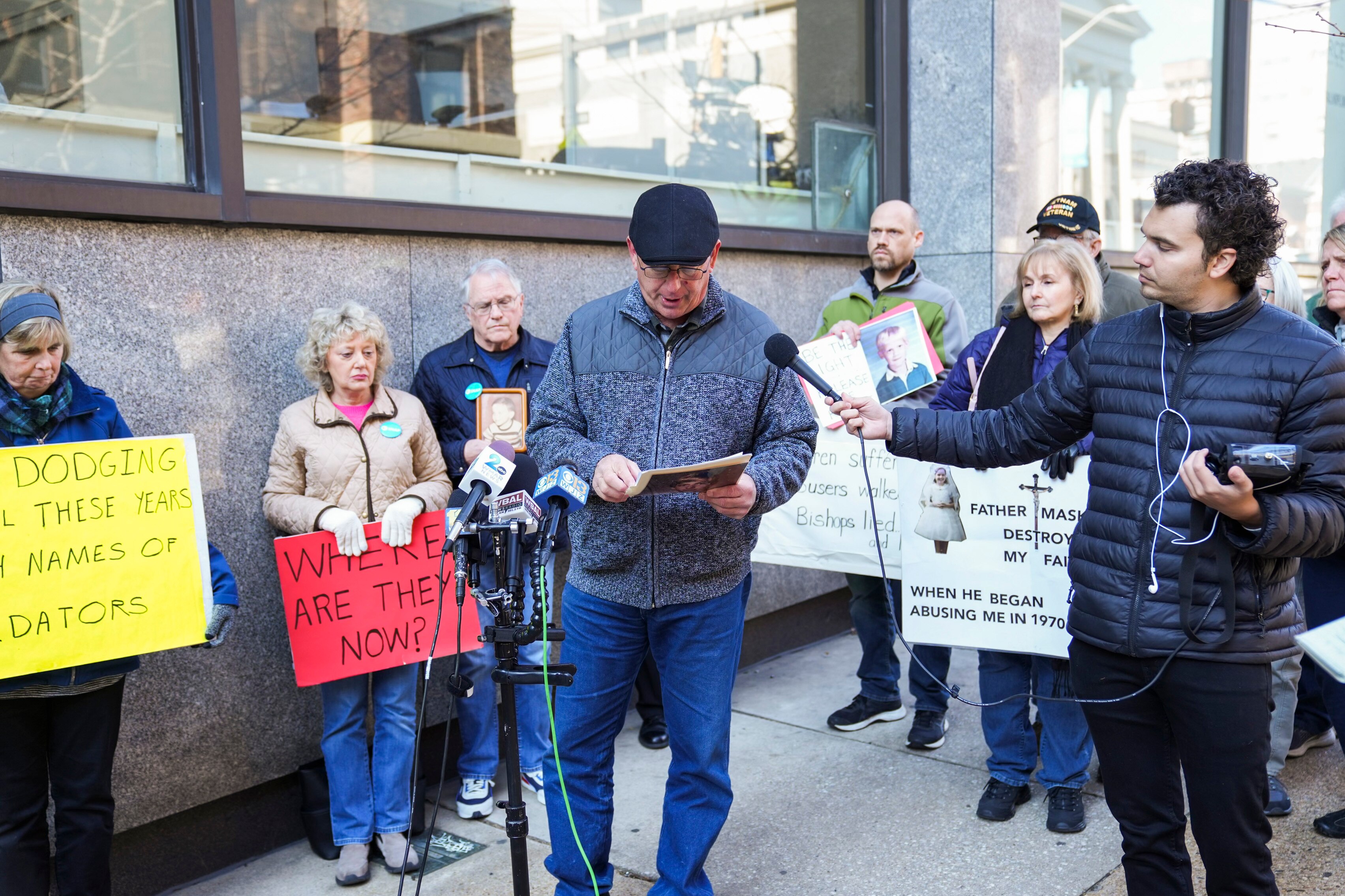 Dave Lorenz, Maryland director for SNAP, speaks to press about priest abuse at the Catholic Center Archdiocese of Baltimore, in Baltimore Md., on November 18, 2022.
