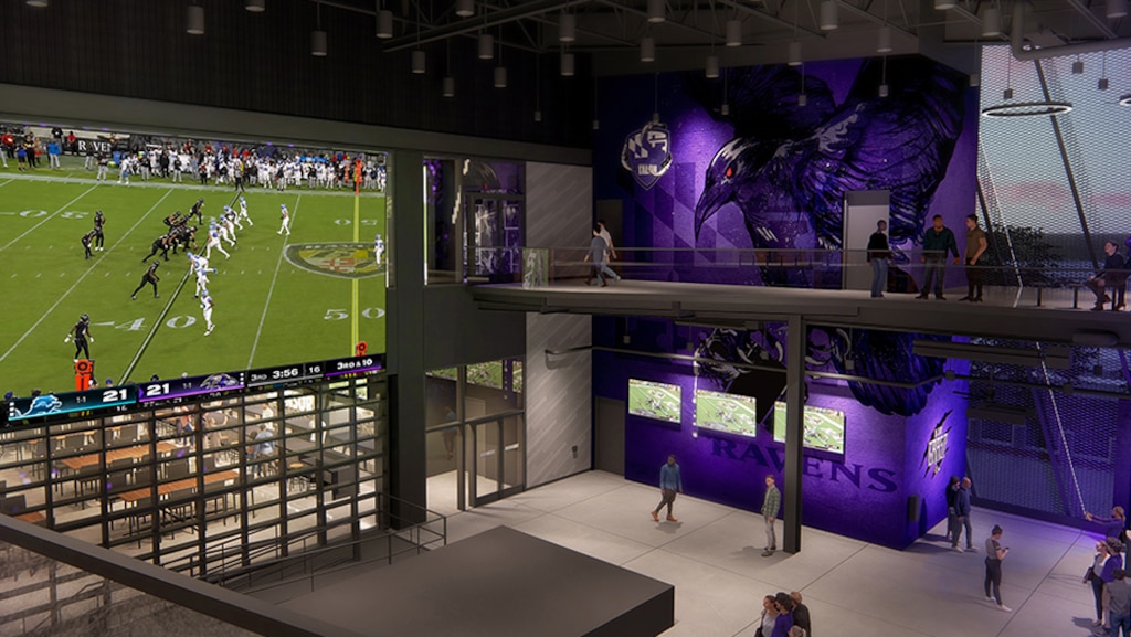 Renderings of renovations planned at M&T Bank Stadium, including The Talon, which includes a two-story open air space with a stage.