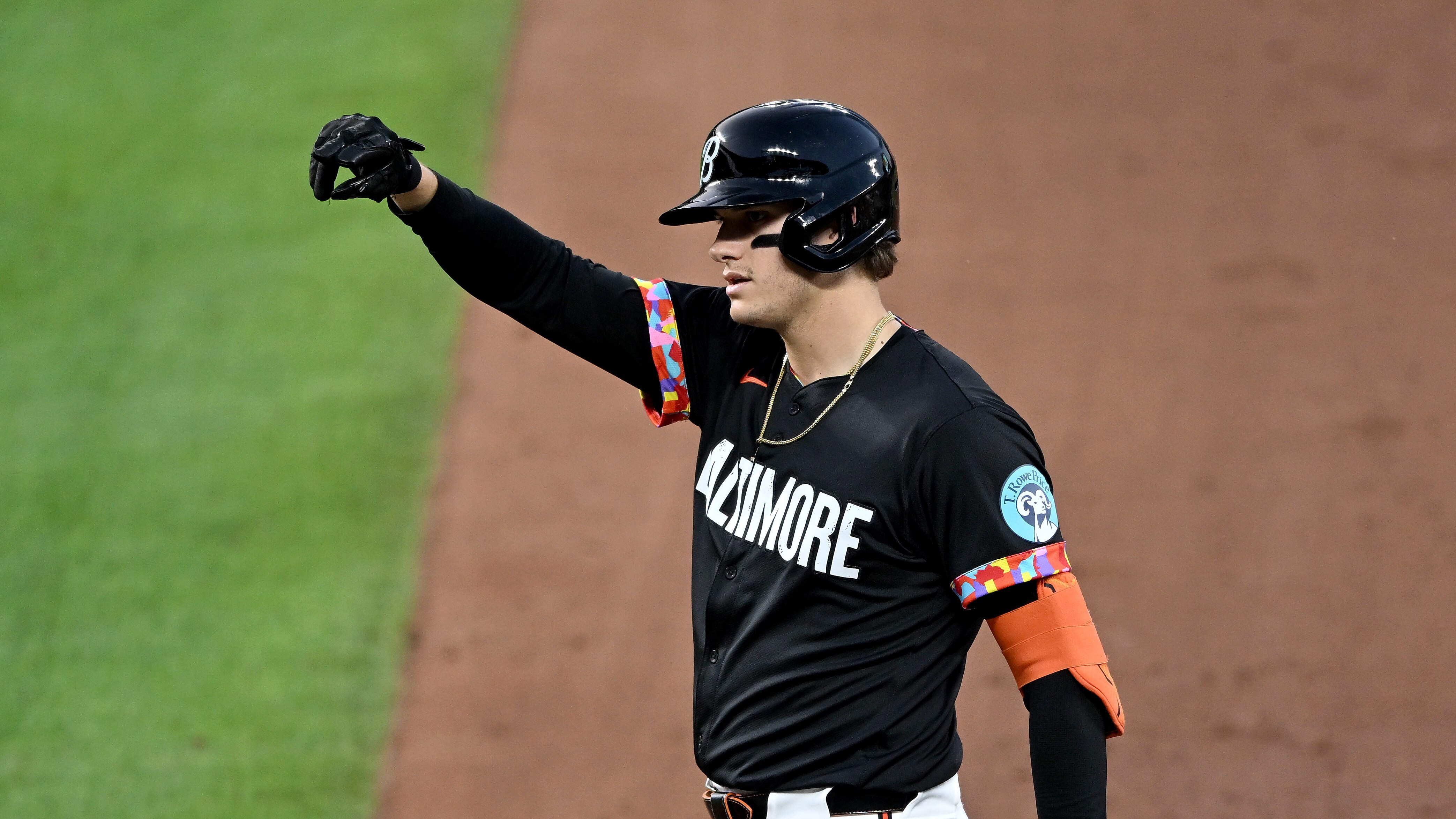 Coby Mayo celebrates his first major league hit Wednesday night at Camden Yards.