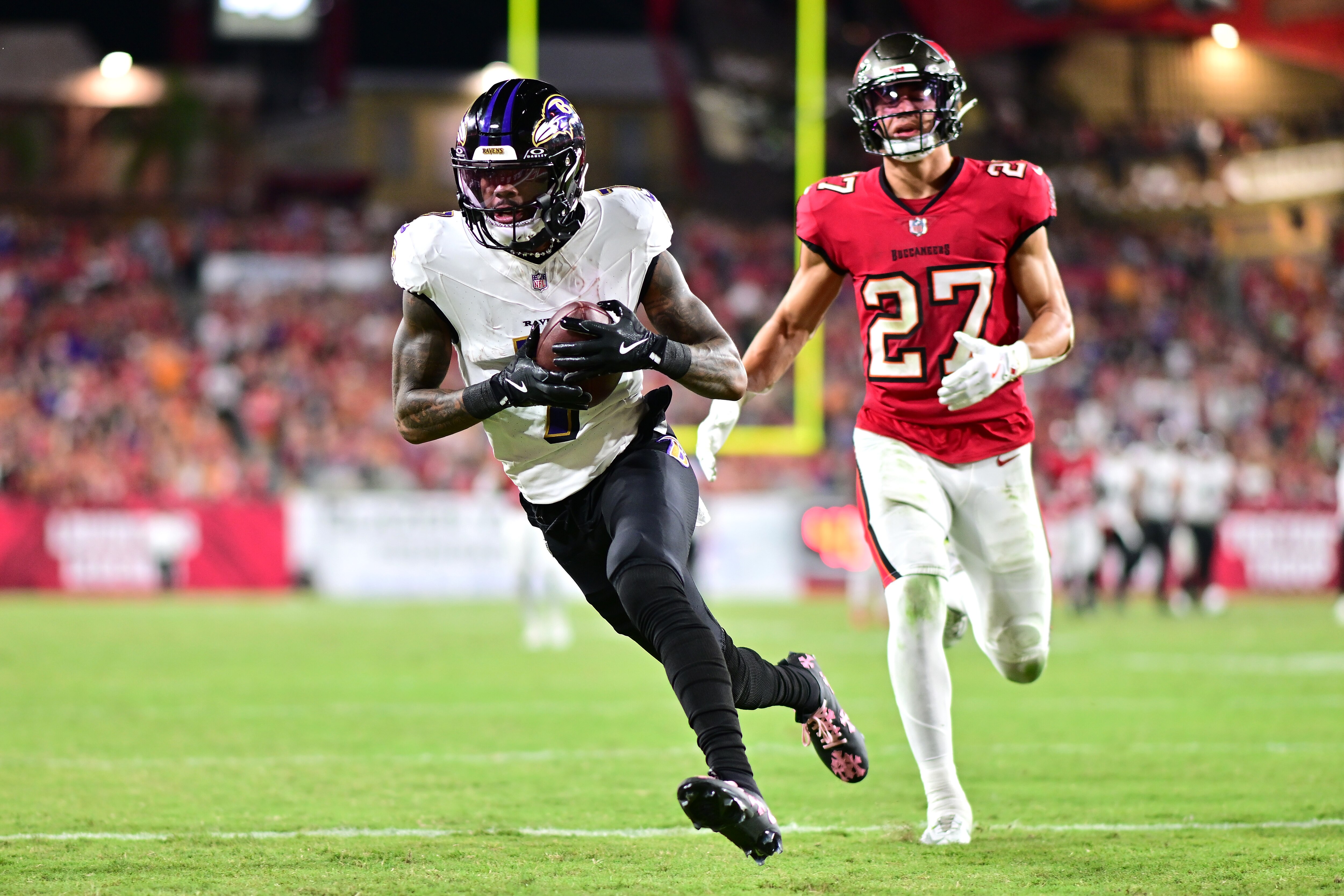 Rashod Bateman caught four passes for a career-high 121 yards against Tampa Bay.