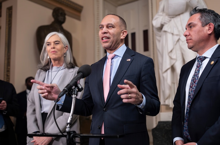 House Minority Leader Hakeem Jeffries, D-N.Y., joined by Rep. Katherine Clark, D-Mass., left, and Rep. Pete Aguilar, D-Calif., speaks to reporters just after the House passed legislation that extends expired health care subsidies for those who get coverage through the Affordable Care Act, at the Capitol in Washington, Thursday, Jan. 8, 2026.