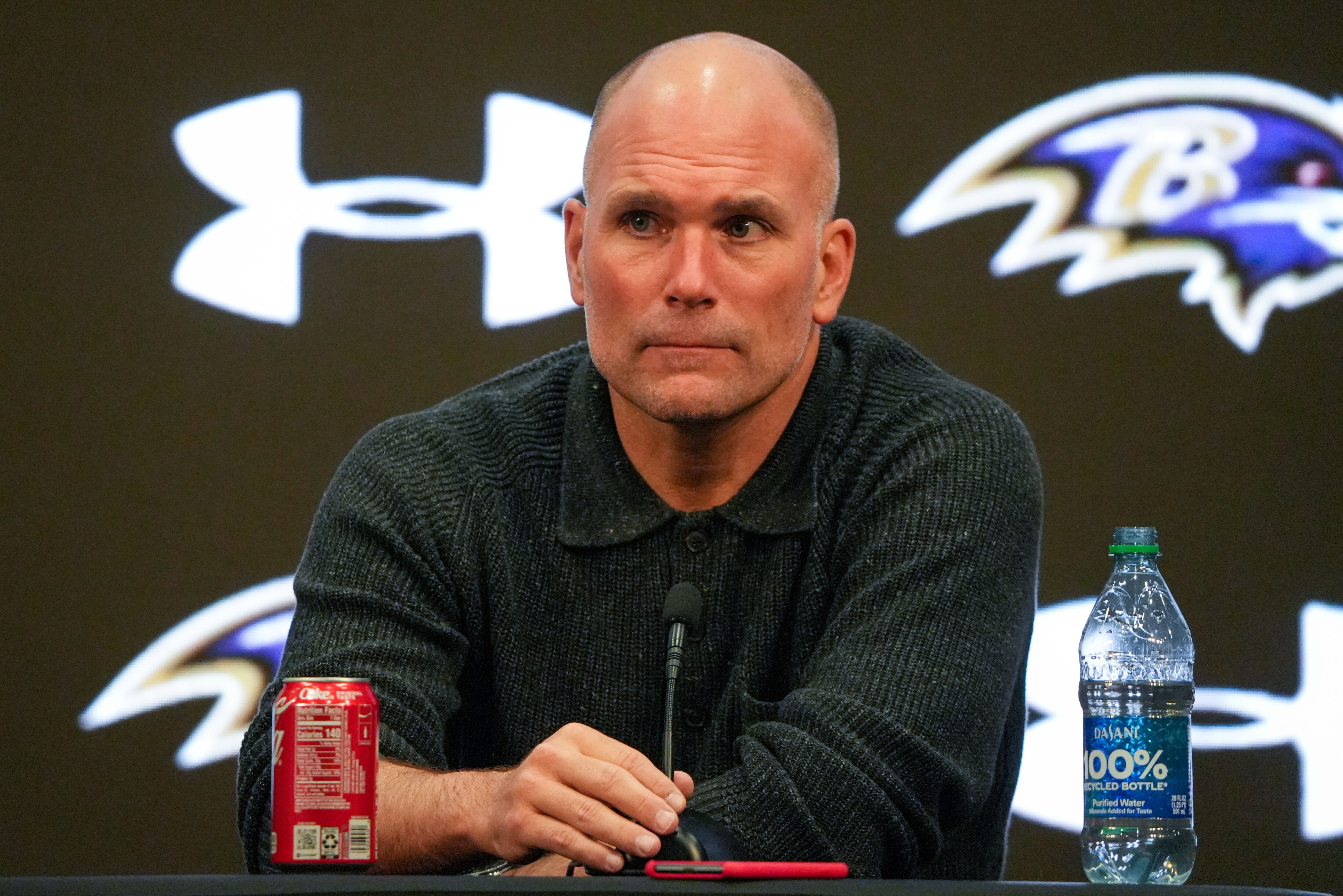 Baltimore Ravens general manager Eric DeCosta takes questions during a press conference at the Under Armour Performance Center on Thursday, May 4.
