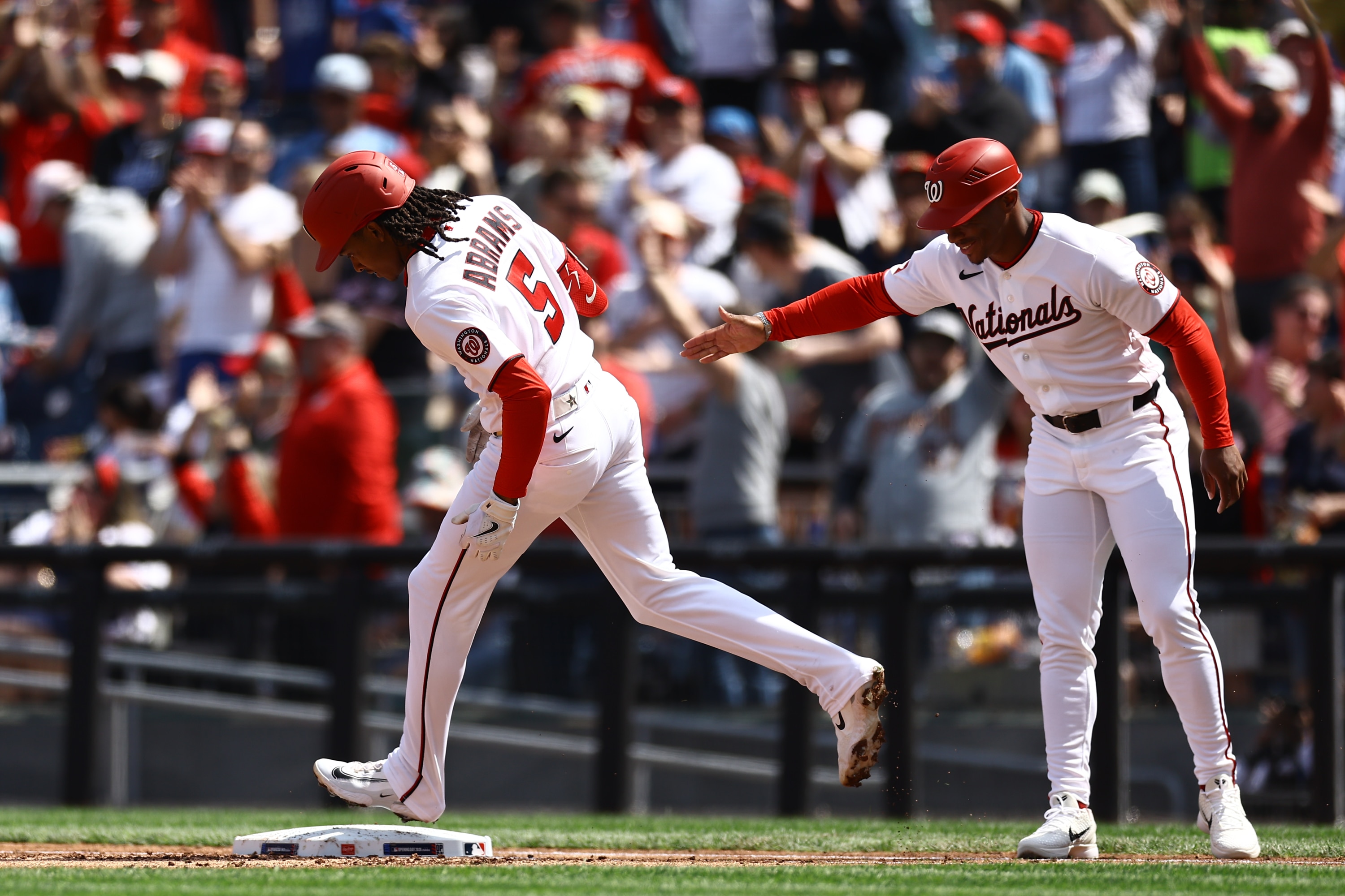Nationals shortstop CJ Abrams (5) rounds bases after hitting a three-run home run against the Los Angeles Dodgers at Nationals Park earlier this month.