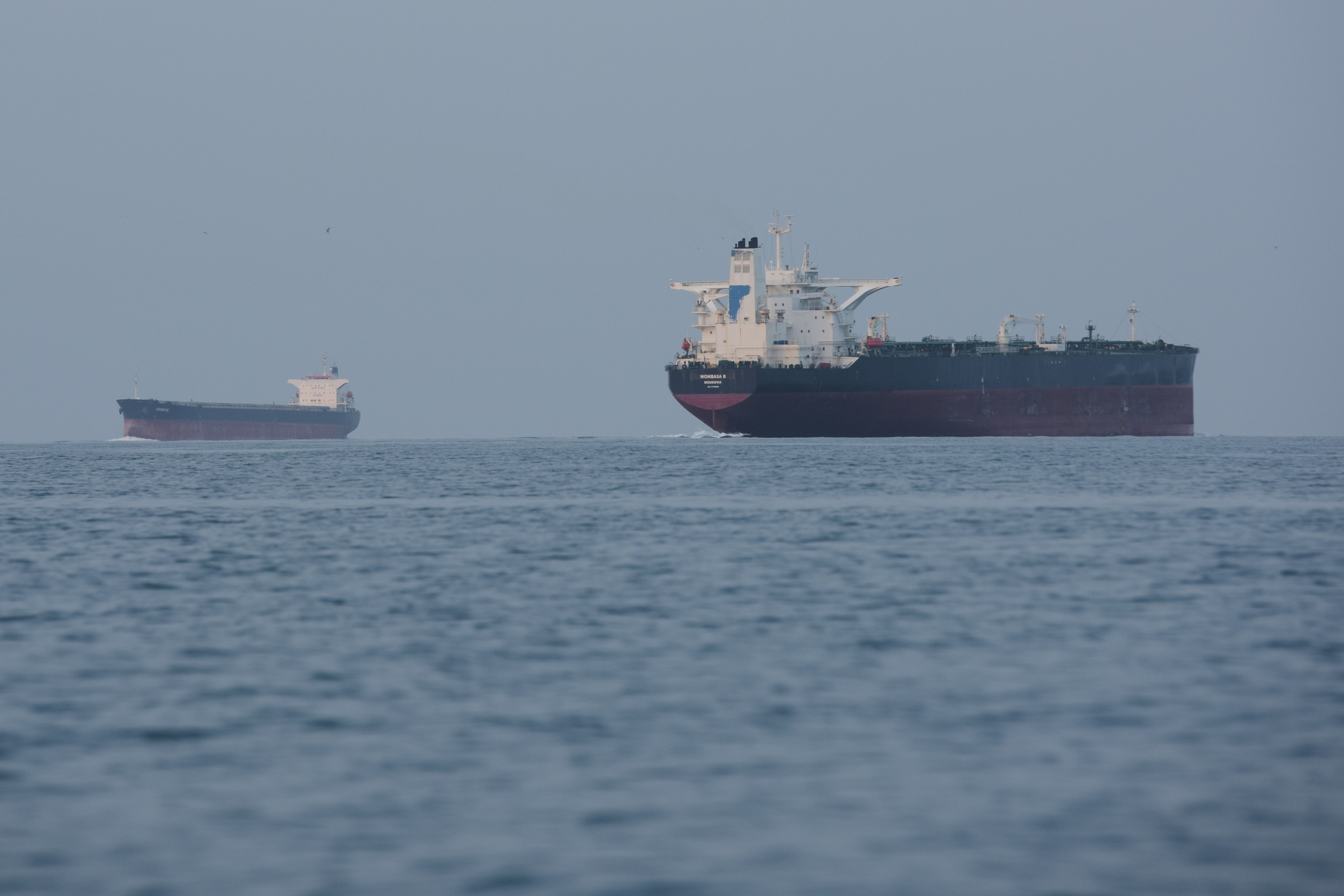 Tankers anchored in the Strait of Hormuz off the coast of Qeshm Island, Iran, Saturday, April 18, 2026.