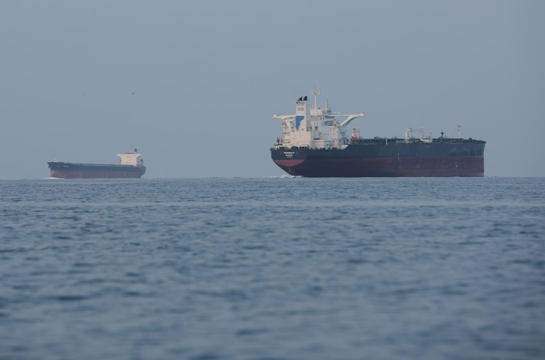 Tankers anchored in the Strait of Hormuz off the coast of Qeshm Island, Iran, Saturday, April 18, 2026.