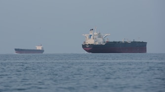 Tankers anchored in the Strait of Hormuz off the coast of Qeshm Island, Iran, Saturday, April 18, 2026.
