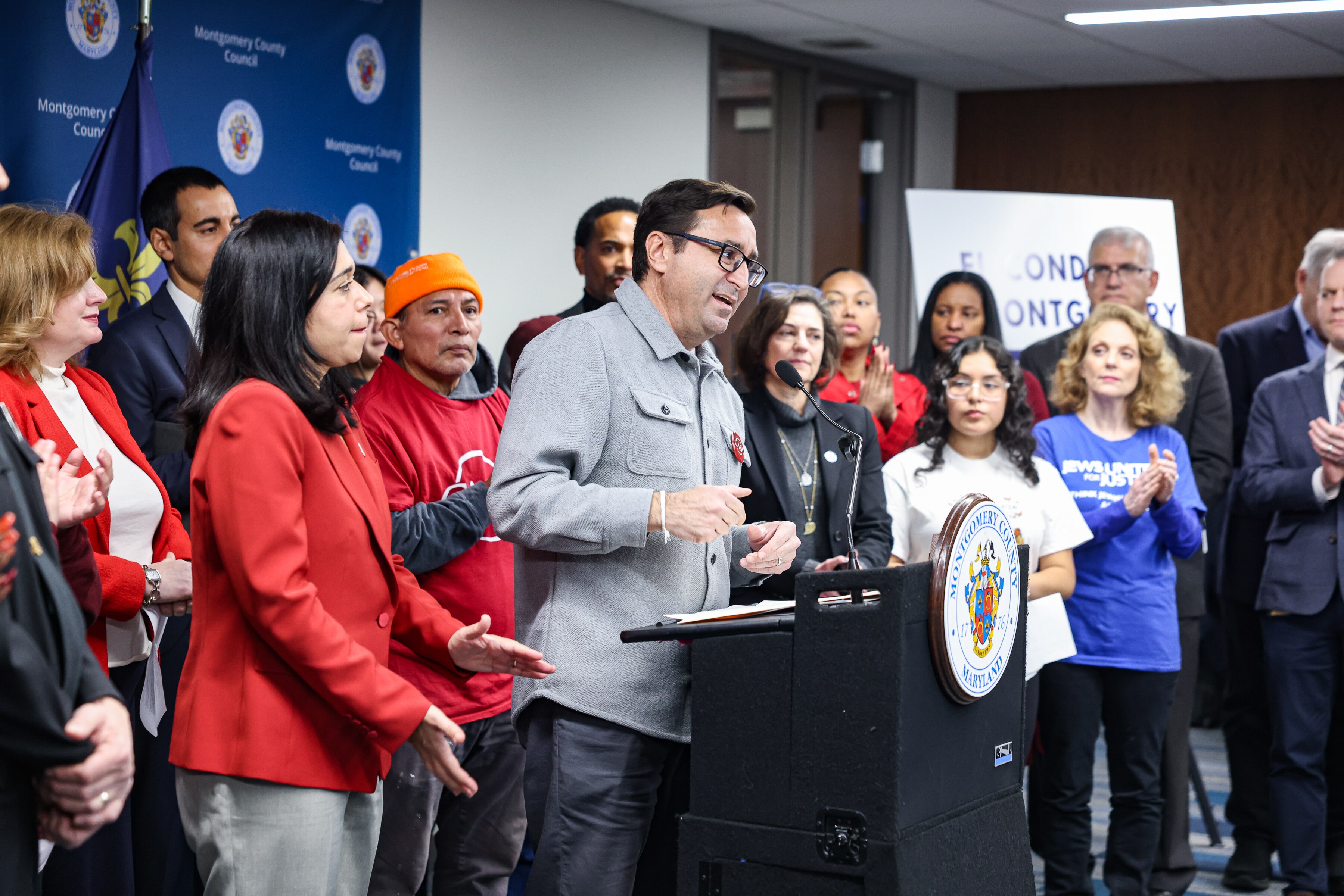 CASA incoming executive director George Escobar speaks during a press conference to introduce a new county bill, the Montgomery County Trust Act, that councilmembers say will protect the community against ICE. The press conference was held with the immigrant advocacy group CASA in Rockville, MD.