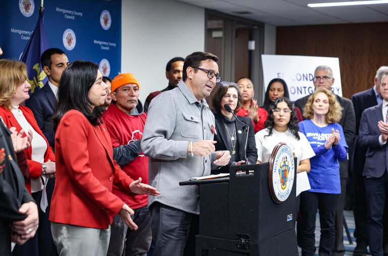CASA incoming executive director George Escobar speaks during a press conference to introduce a new county bill, the Montgomery County Trust Act, that councilmembers say will protect the community against ICE. The press conference was held with the immigrant advocacy group CASA in Rockville, MD.