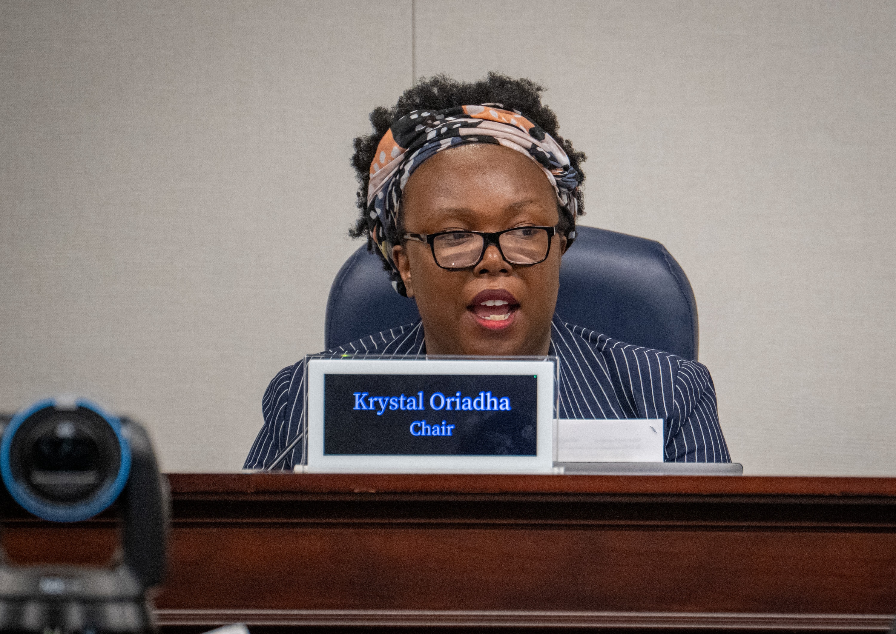 Prince George’s County Council chair Krystal Oriadha speaks a council meeting earlier last year.
