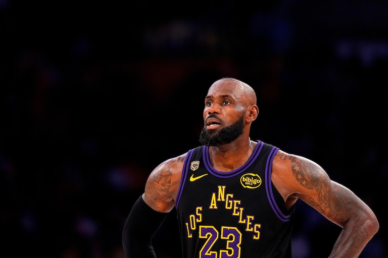 Los Angeles Lakers forward LeBron James stands on the court in the closing minutes of Game 4 in a second-round NBA basketball playoffs series against the Oklahoma City Thunder, May 11, 2026, in Los Angeles.