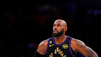 Los Angeles Lakers forward LeBron James stands on the court in the closing minutes of Game 4 in a second-round NBA basketball playoffs series against the Oklahoma City Thunder, May 11, 2026, in Los Angeles.