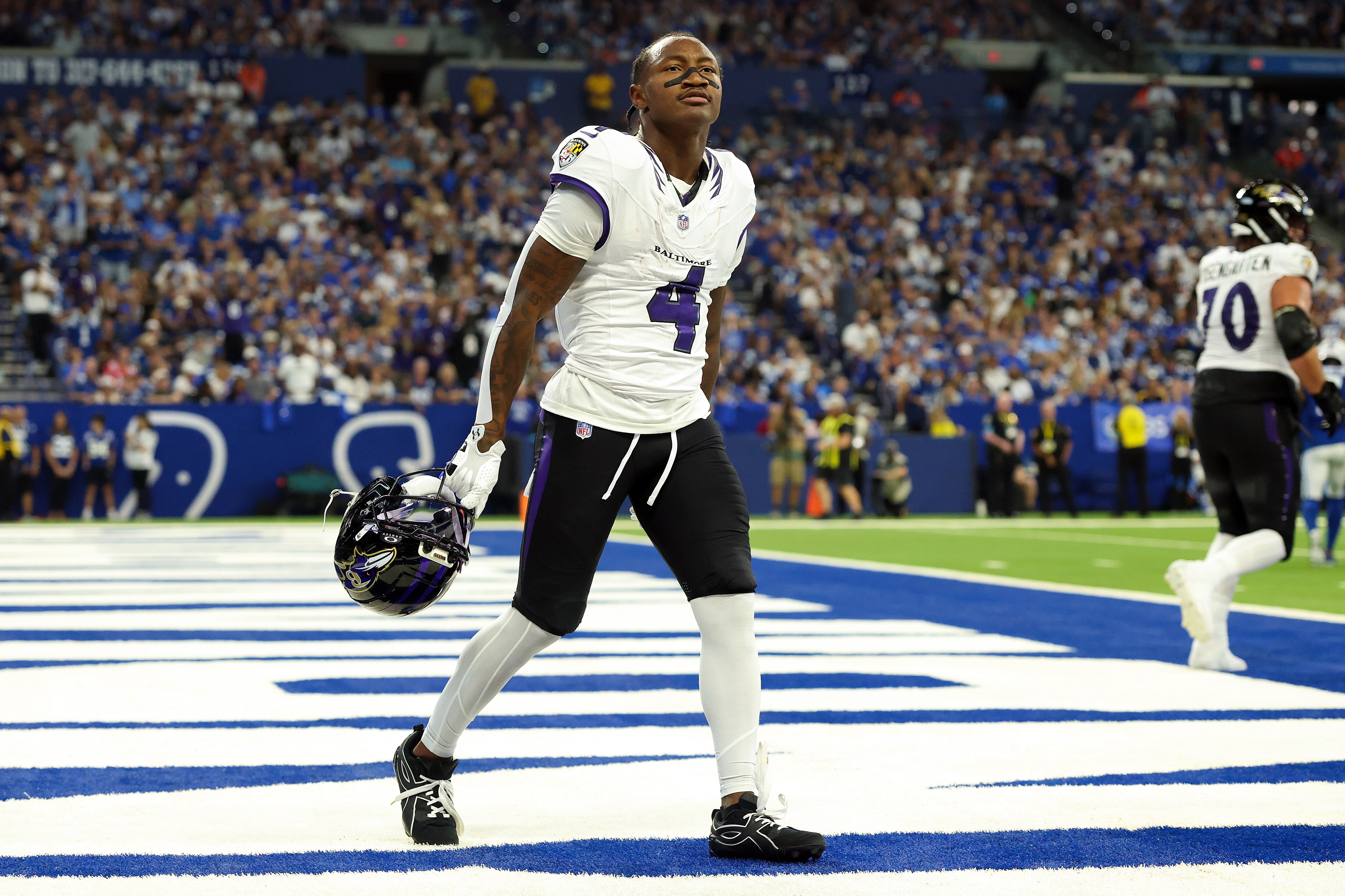 INDIANAPOLIS, INDIANA - SEPTEMBER 13: Zay Flowers #4 of the Baltimore Ravens celebrates after scoring a touchdown against the Indianapolis Colts during the second quarter of the game at Lucas Oil Stadium on September 13, 2026 in Indianapolis, Indiana. (Photo by Andy Lyons/Getty Images)