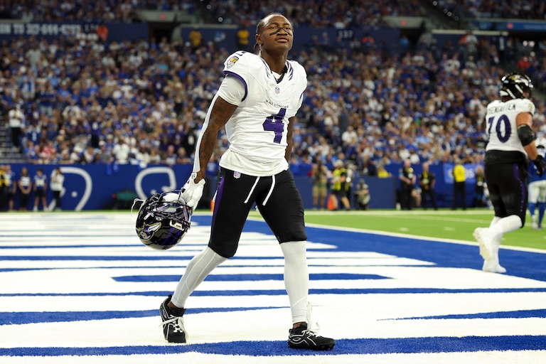 INDIANAPOLIS, INDIANA - SEPTEMBER 13: Zay Flowers #4 of the Baltimore Ravens celebrates after scoring a touchdown against the Indianapolis Colts during the second quarter of the game at Lucas Oil Stadium on September 13, 2026 in Indianapolis, Indiana. (Photo by Andy Lyons/Getty Images)