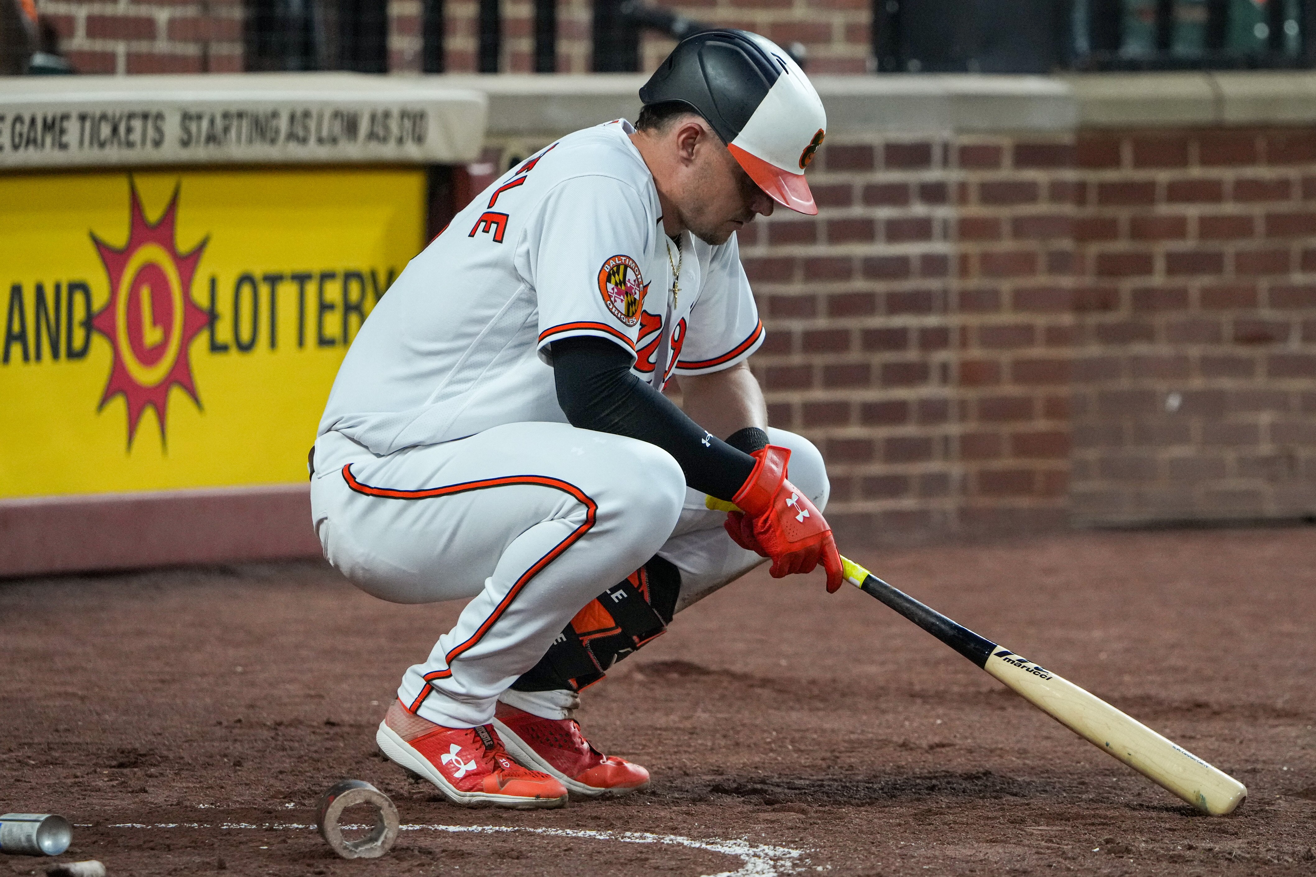 Baltimore Orioles first baseman Ryan Mountcastle (6) gets ready to take his turn at bat in the third inning of a baseball game against the Houston Astros at Orioles Park at Camden Yards in Baltimore on August 9, 2023.