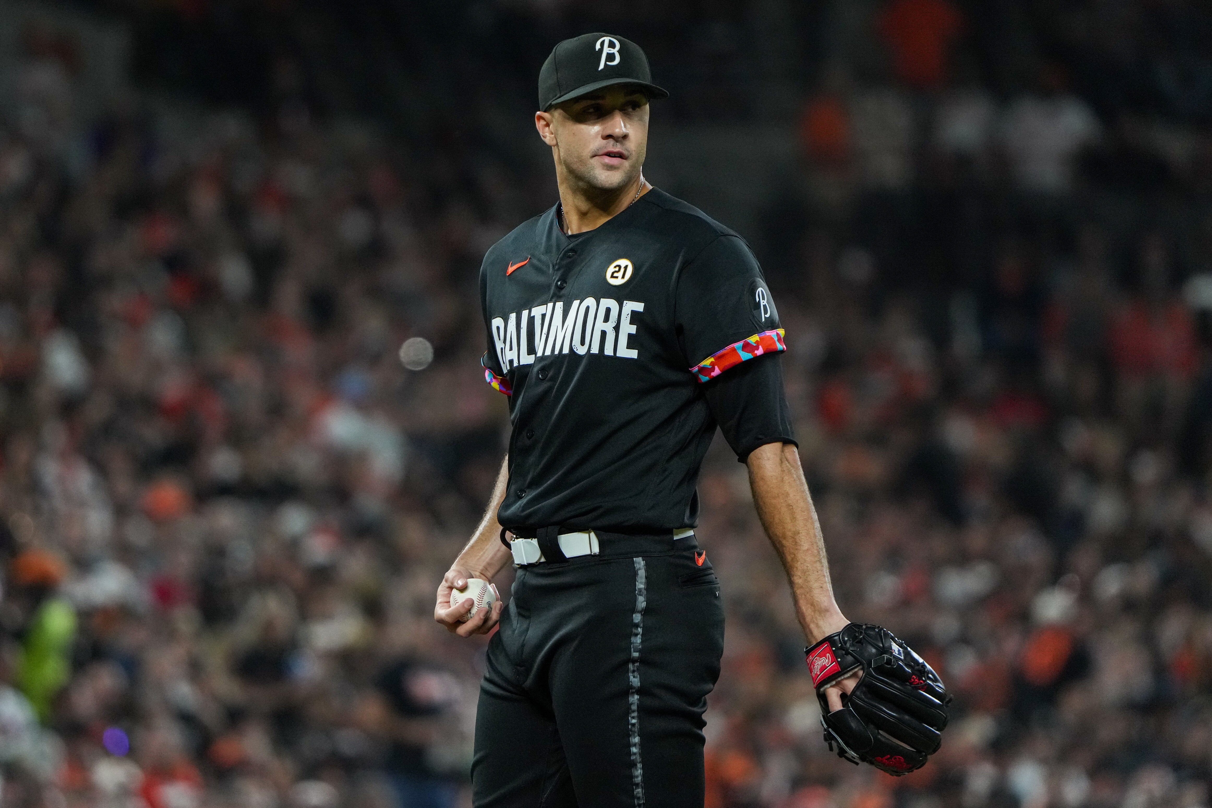 Baltimore Orioles starting pitcher Jack Flaherty (15) reacts as Tampa Bay Rays second baseman Brandon Lowe (8) rounds the bases after homering in the fourth inning of a baseball game against the Tampa Bay Rays on Friday, Sept. 15, 2023.