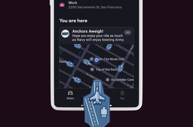 What the Navy “takeover” of Lyft will look like on Dec. 13, for the army-navy game. It shows aircraft carriers on the map instead of cars.