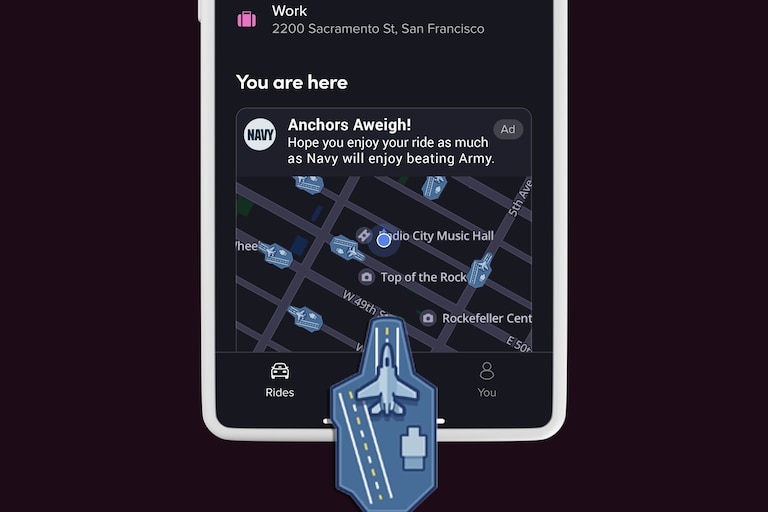 What the Navy “takeover” of Lyft will look like on Dec. 13, for the army-navy game. It shows aircraft carriers on the map instead of cars.