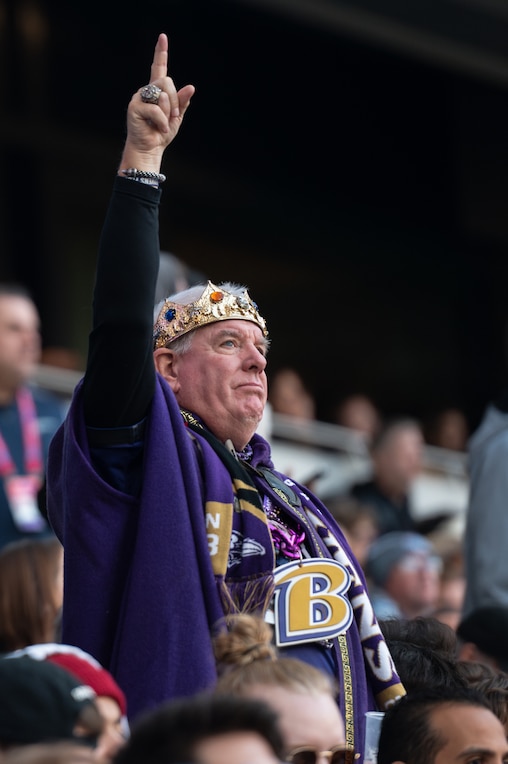 Marty Girch cheers on the Baltimore Ravens after making the trip all the way from Baltimore to London for the game on Oct. 15, 2023.