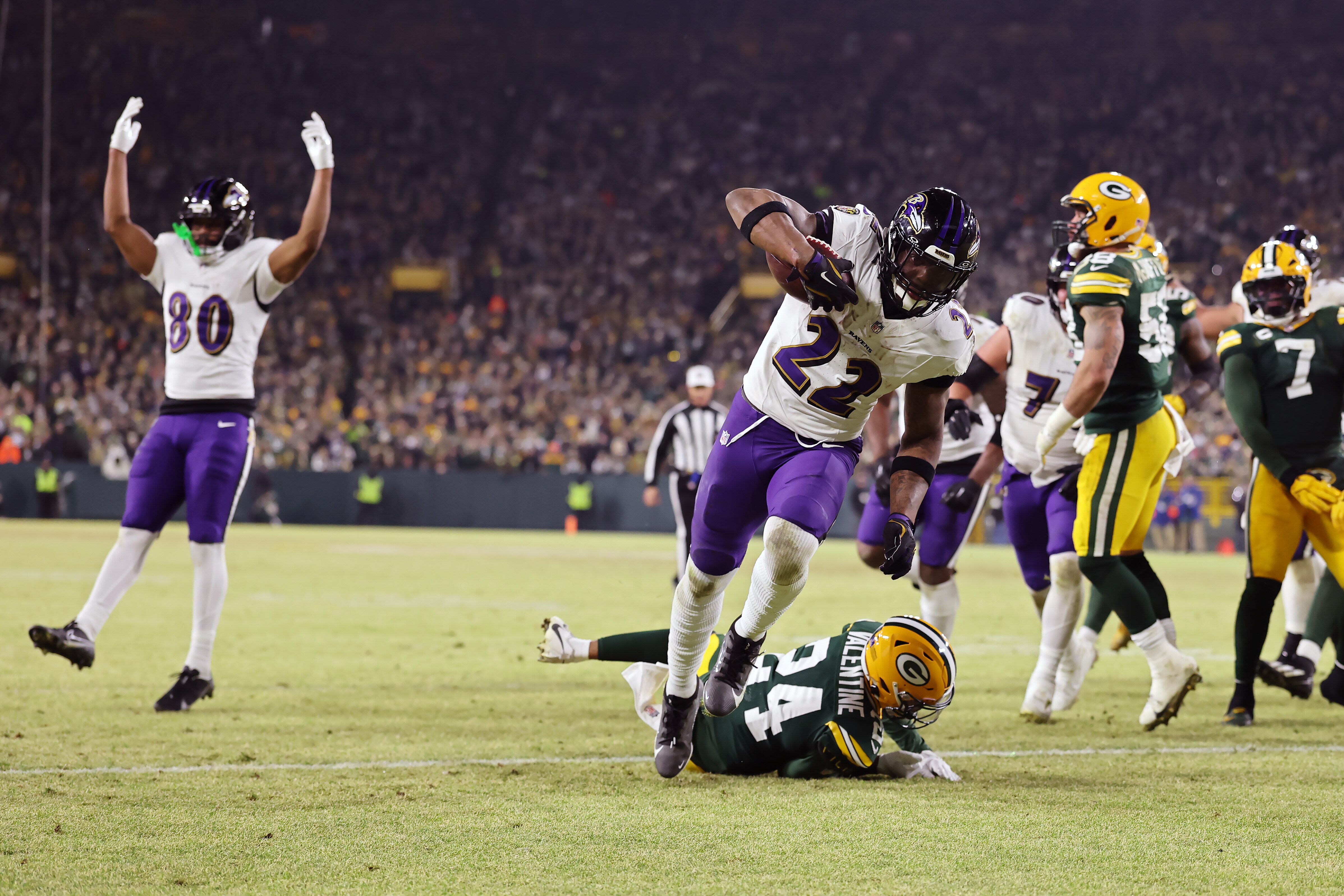 Ravens running back Derrick Henry scores his third touchdown of the game on a 3-yard run late in the second quarter Saturday night at Green Bay.