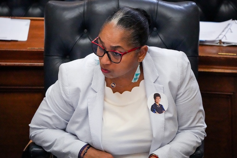 Del. Joseline Peña-Melnyk, an Anne Arundel and Prince George’s County Democrat, sits in the Maryland State House during Sine Die, the final day of the 2024 General Assembly Session in Annapolis, on April 8, 2024. Any bill that doesn’t get passed by midnight on Sine Die is dead, and lawmakers will need to address it next year.
