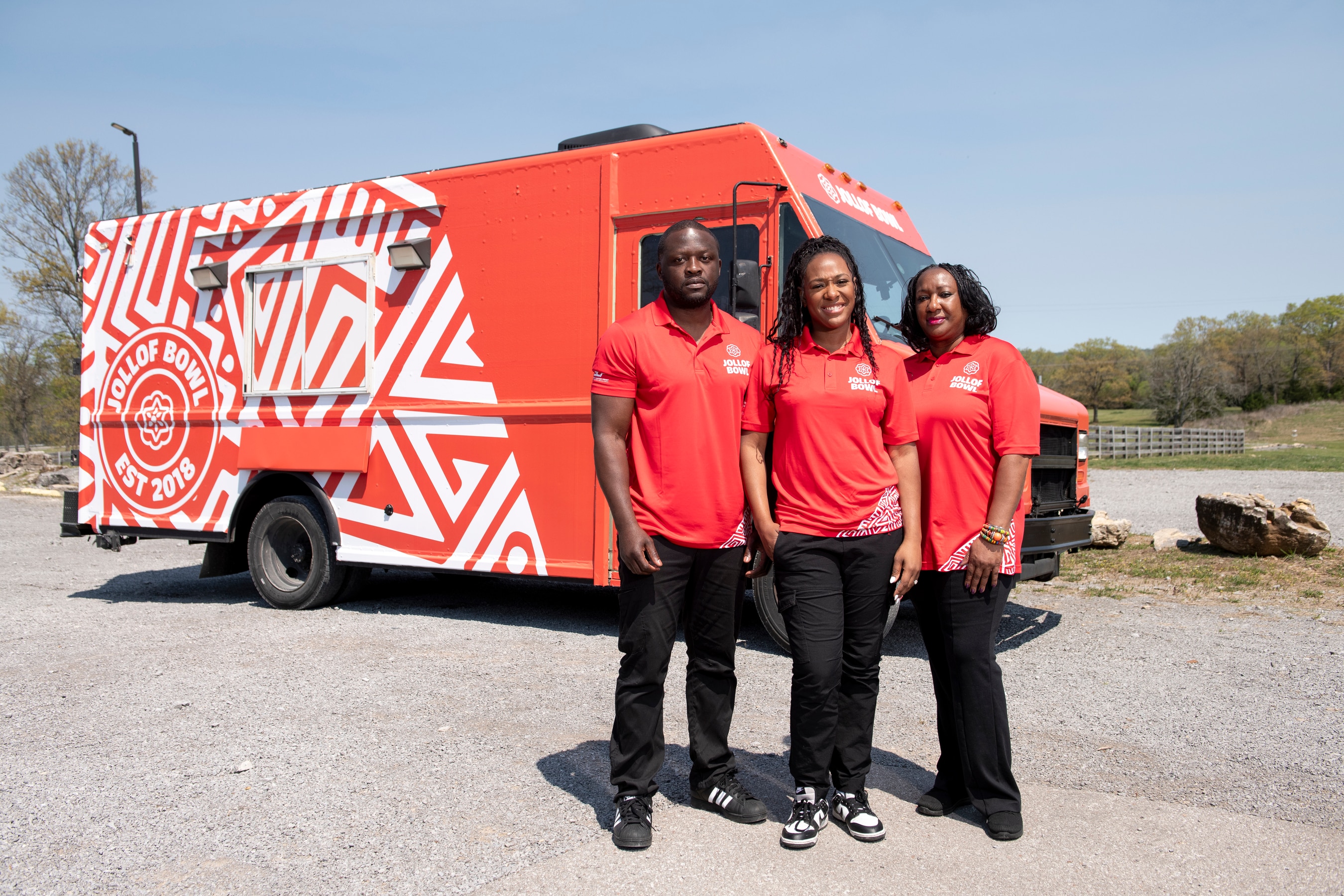 Jollof Bowl team from left, Lekan Oketunji, Andrea Kamara-Oketunji and Ethel Kamara on Season 19 of Food Network's "The Great Food Truck Race."