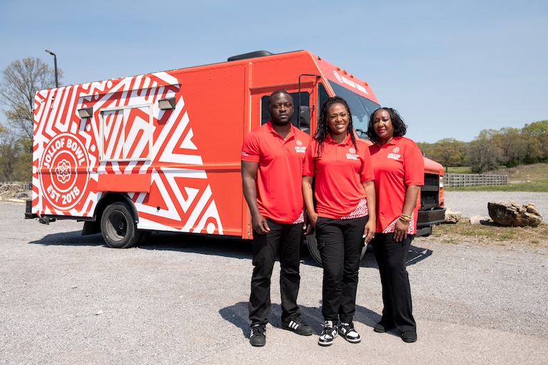 Jollof Bowl team from left, Lekan Oketunji, Andrea Kamara-Oketunji and Ethel Kamara on Season 19 of Food Network's "The Great Food Truck Race."