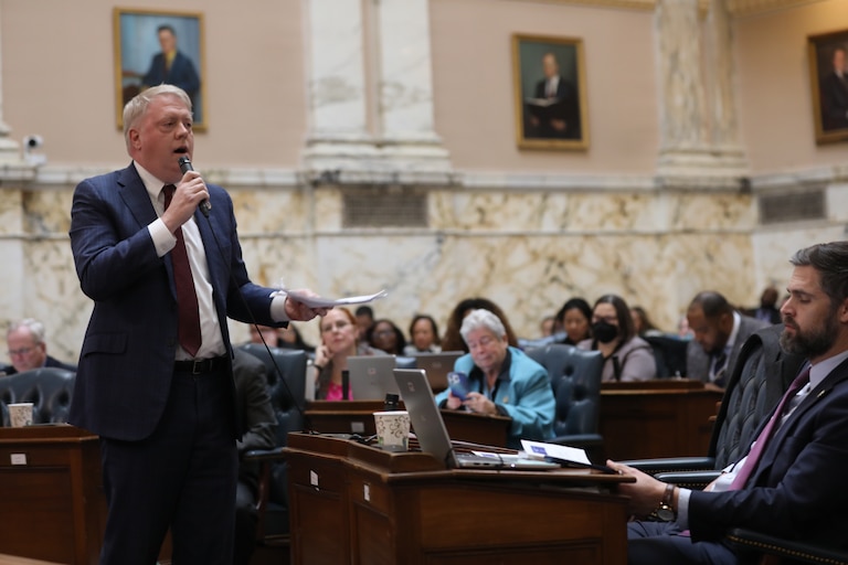 Republican Del. Jason Buckel, the Maryland House minority leader, speaks in opposition to a new congressional map during debate on Monday, Feb. 2, 2026, in Annapolis, Md.