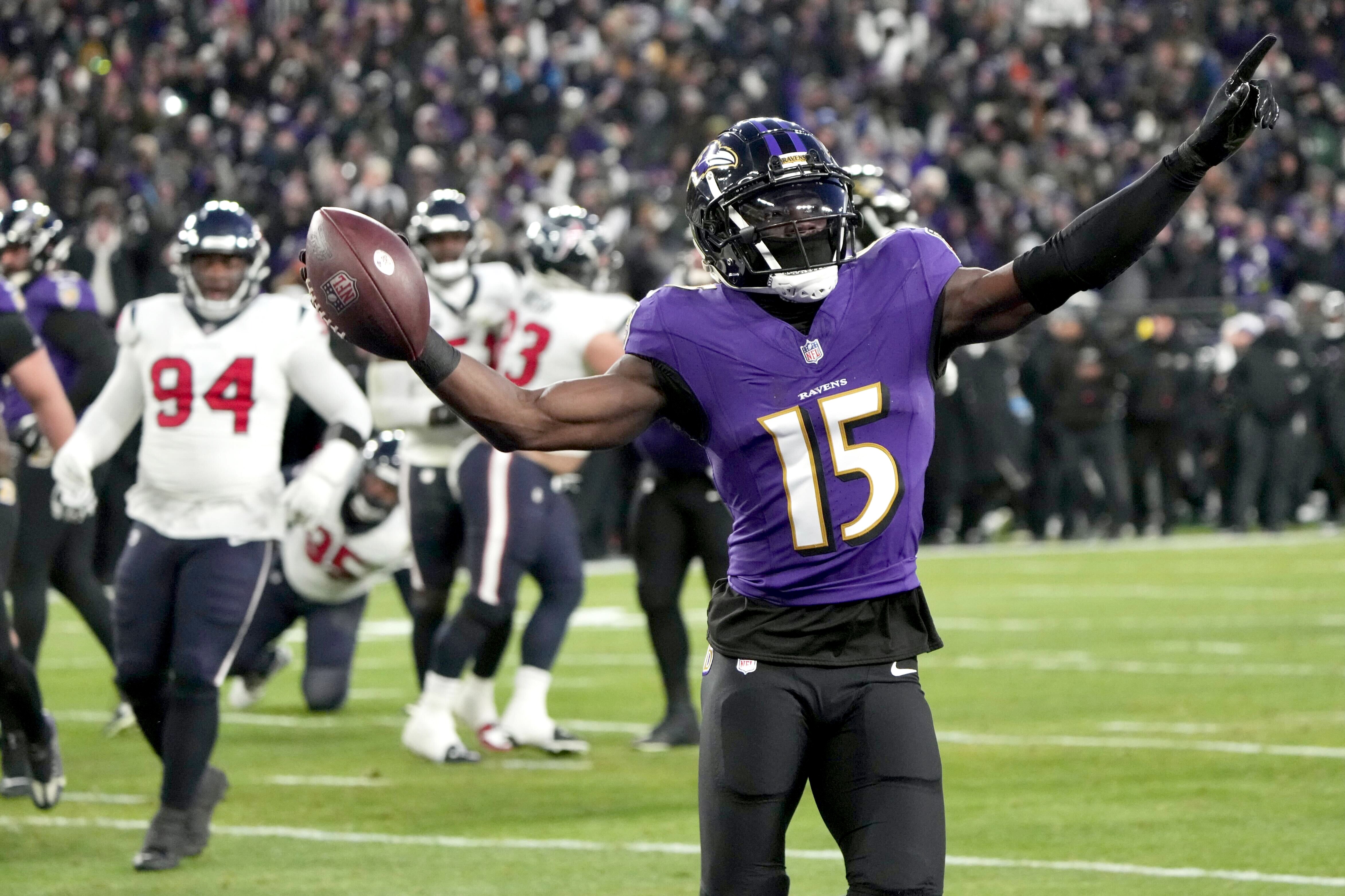 Ravens wide receiver Nelson Agholor celebrates a touchdown against the Houston Texans in the playoffs.