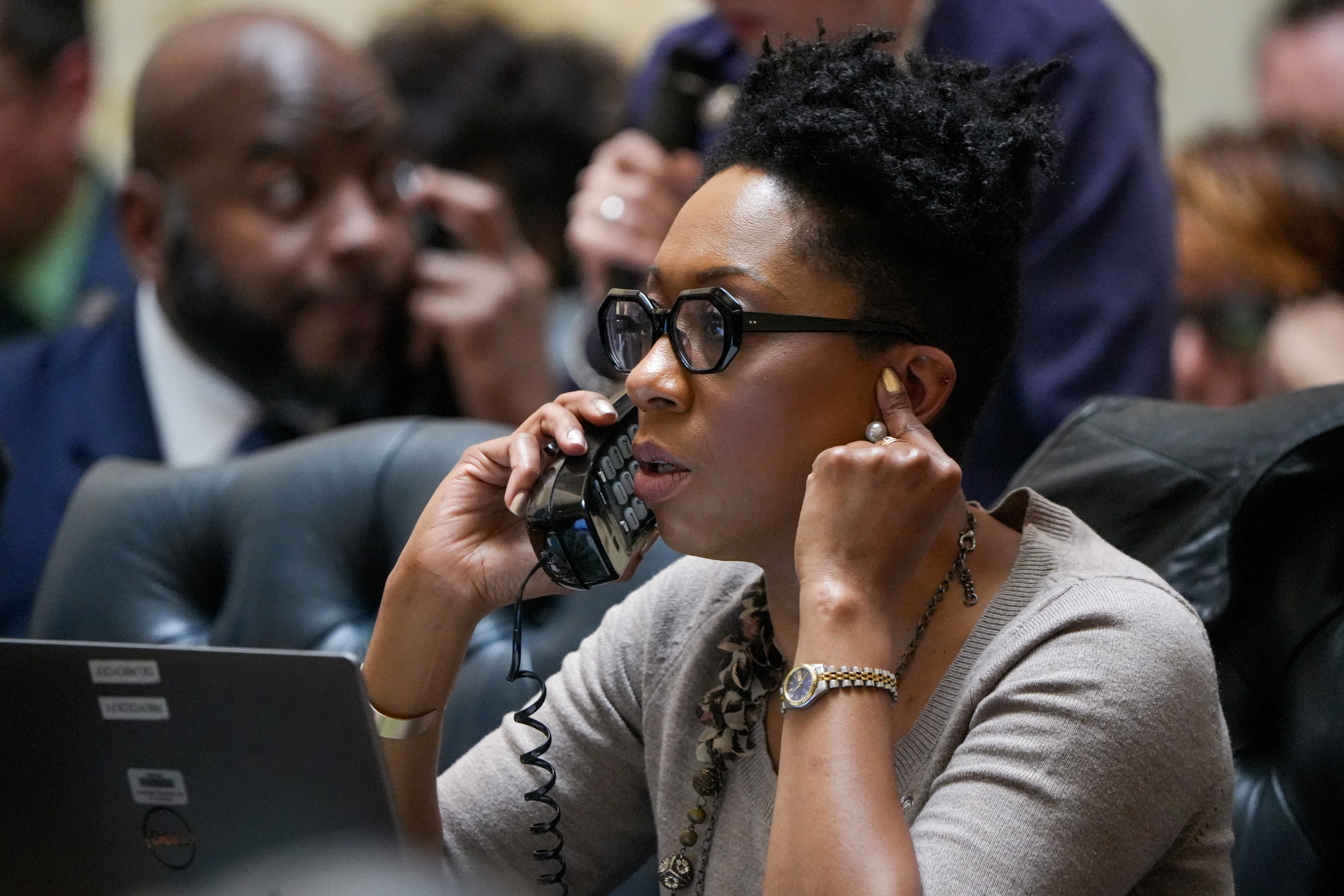 Del. Regina Boyce, a Baltimore City Democrat, takes a call in the House Chamber in the Maryland State House on March 15, 2024. Maryland has one of the most diverse legislators in the country, a Banner analysis found.