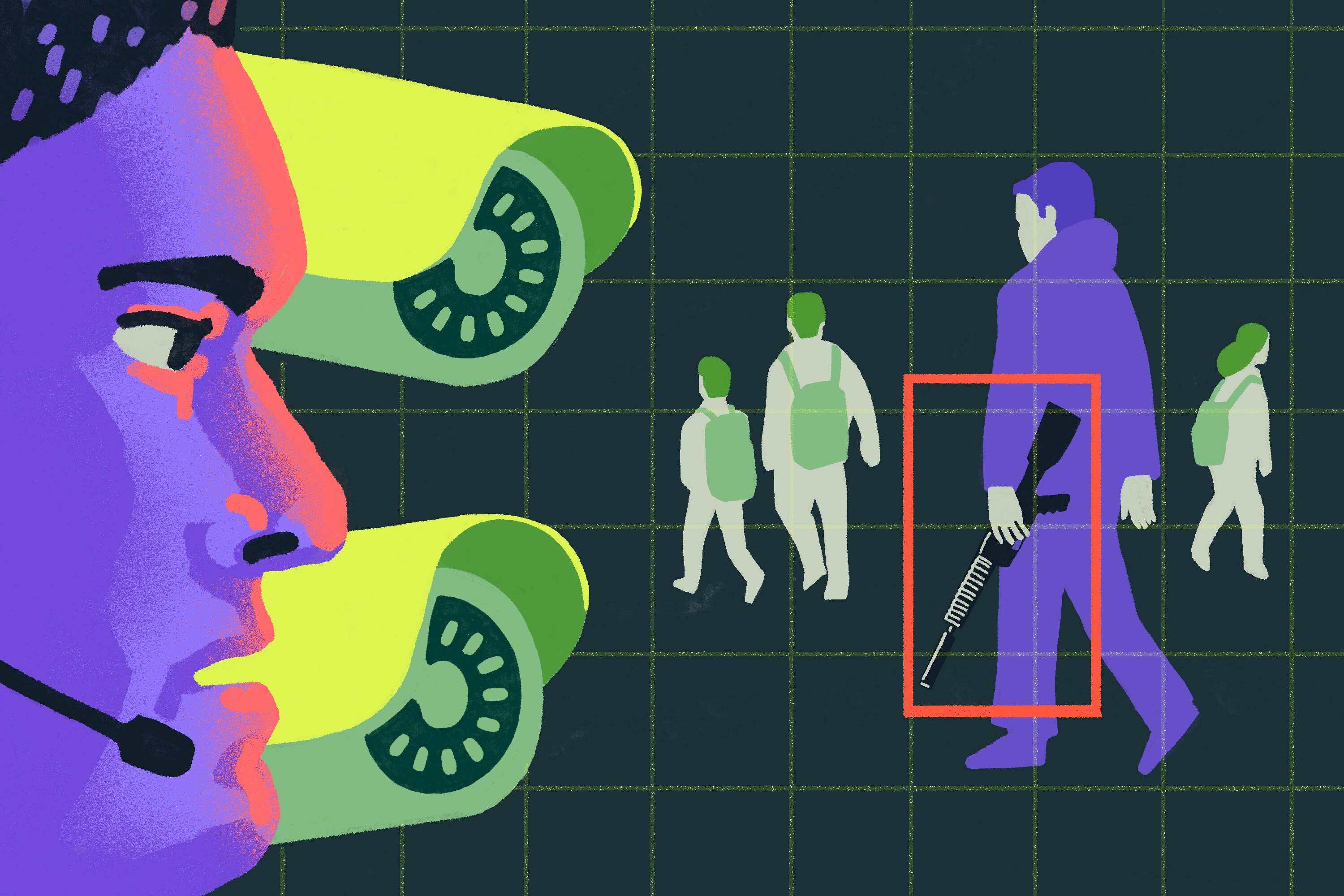 Illustration of man in profile speaking into headset, with security cameras behind him, looking at figure holding automatic rifle.