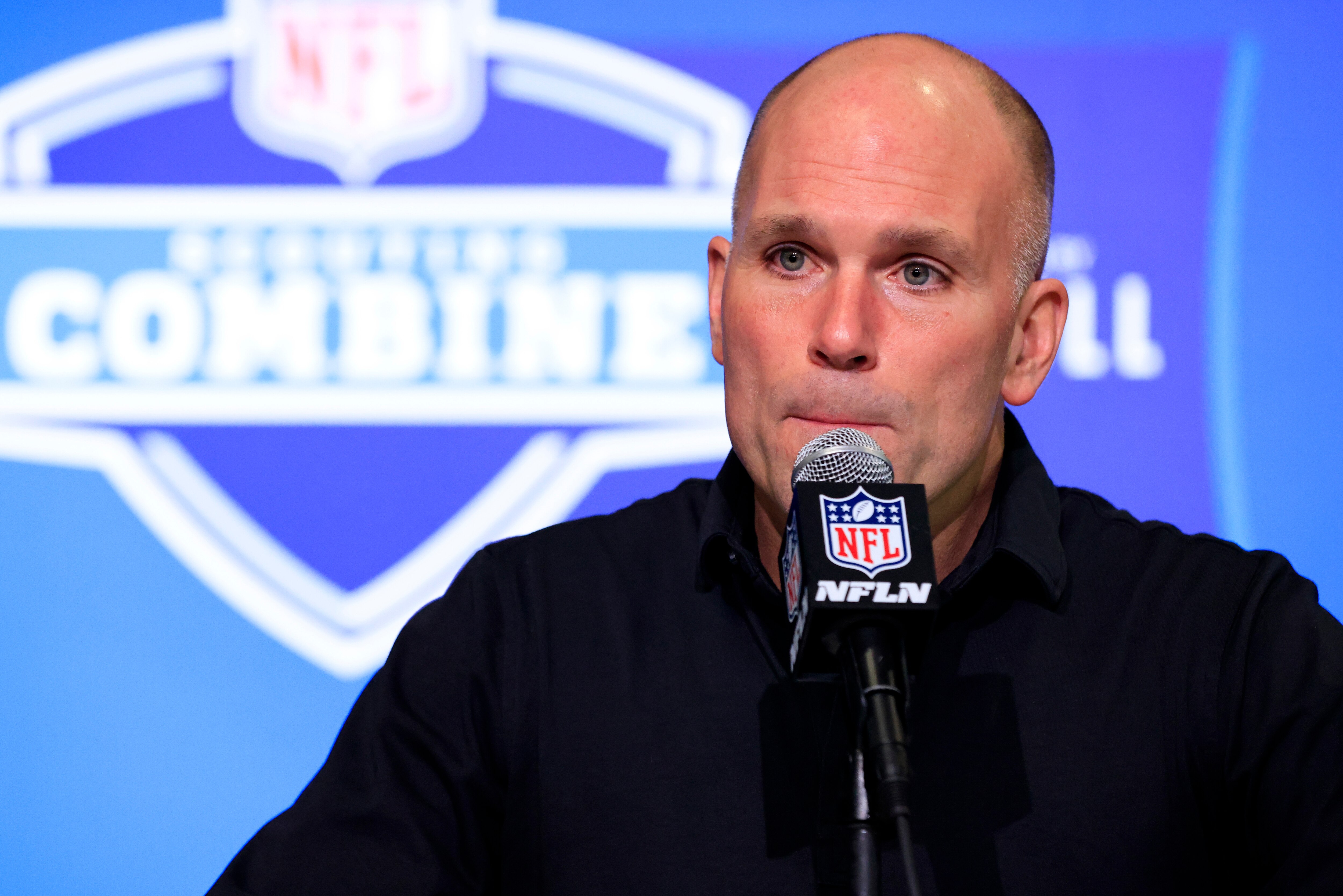 INDIANAPOLIS, INDIANA - MARCH 01: General Manager Eric DeCosta of the Baltimore Ravens speaks to the media during the NFL Combine at Lucas Oil Stadium on March 01, 2023 in Indianapolis, Indiana.