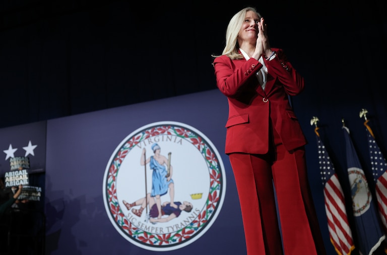 RICHMOND, VIRGINIA - NOVEMBER 04: Virginia Democratic gubernatorial candidate, former U.S. Rep. Abigail Spanberger celebrates as she takes the stage during her election-night rally at the Greater Richmond Convention Center on November 04, 2025 in Richmond, Virginia. Spanberger defeated Republican gubernatorial candidate Lt. Gov. Winsome Earle-Sears to become the first female governor in the commonwealth’s history in an election that was seen as a national political bellwether leading into the midterms. (Photo by Win McNamee/Getty Images)