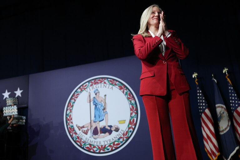 RICHMOND, VIRGINIA - NOVEMBER 04: Virginia Democratic gubernatorial candidate, former U.S. Rep. Abigail Spanberger celebrates as she takes the stage during her election-night rally at the Greater Richmond Convention Center on November 04, 2025 in Richmond, Virginia. Spanberger defeated Republican gubernatorial candidate Lt. Gov. Winsome Earle-Sears to become the first female governor in the commonwealth’s history in an election that was seen as a national political bellwether leading into the midterms. (Photo by Win McNamee/Getty Images)