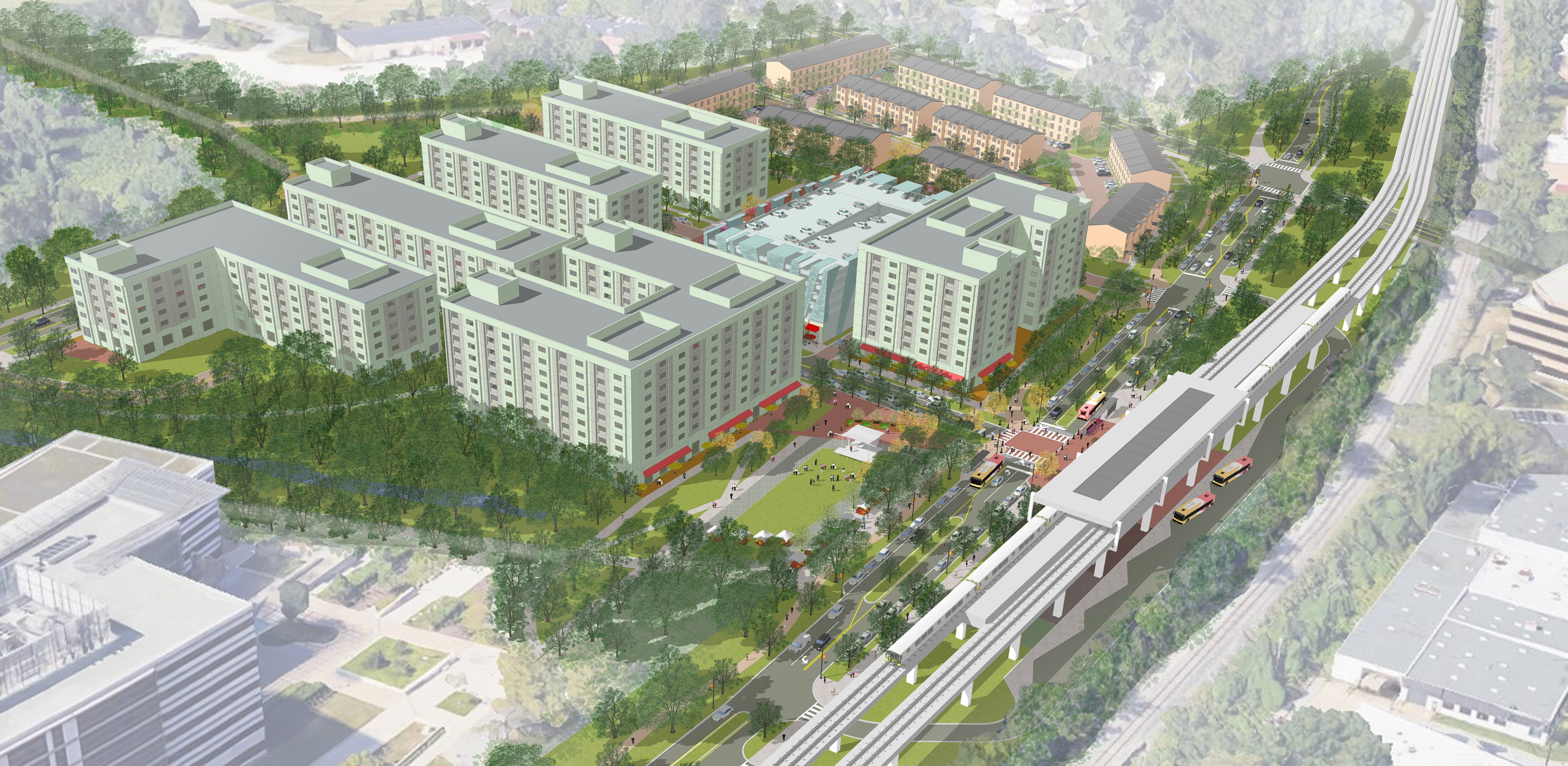 A 3D, aerial rendering of a complex of apartment buildings surrounded by trees and next to a train line.