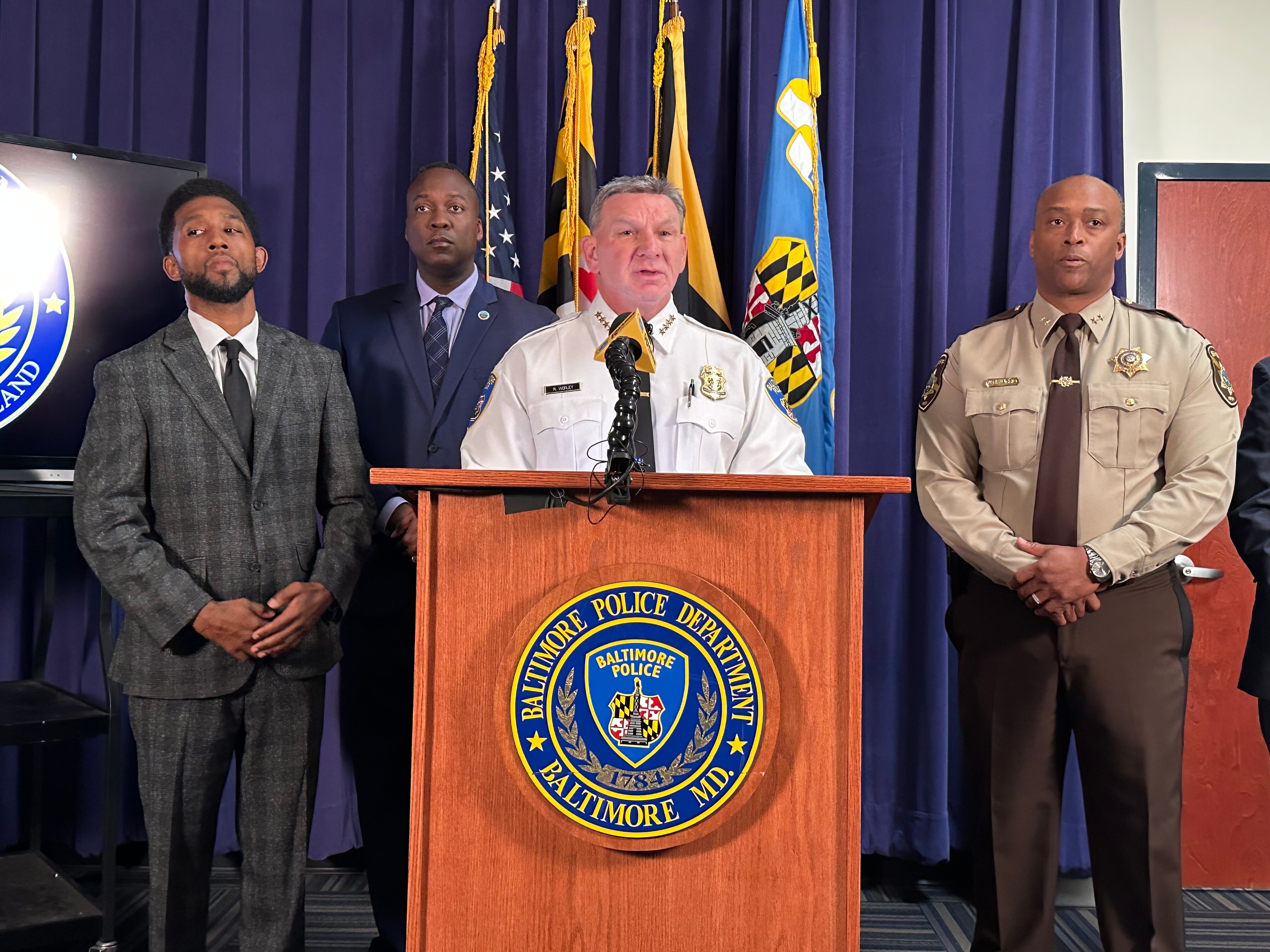Baltimore Mayor Brandon Scott, Howard County Executive Calvin Ball, acting Baltimore Police Commissioner Richard Worley and Howard County Sheriff Marcus Harris share details about the fatal shooting of Howard County sheriff’s deputy Ryan Demby.