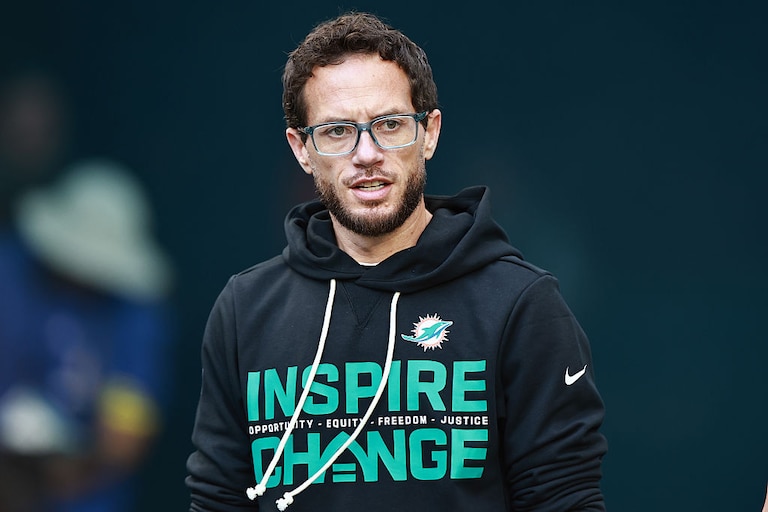 Former Miami Dolphins head coach Mike McDaniel looks on prior to a game against the Tampa Bay Buccaneers on Dec. 28, 2025.