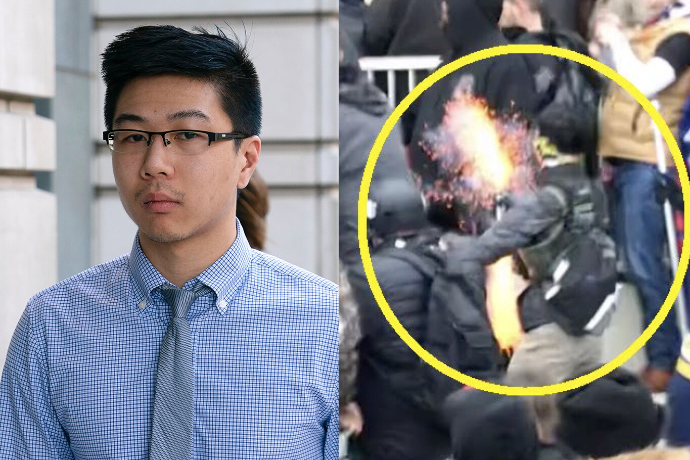 A composite image shows Justin Lee arriving at the U.S. federal courthouse in Washington, D.C., on Friday, Aug. 23, 2024, and a picture of Lee igniting a device on Jan. 6, 2021.