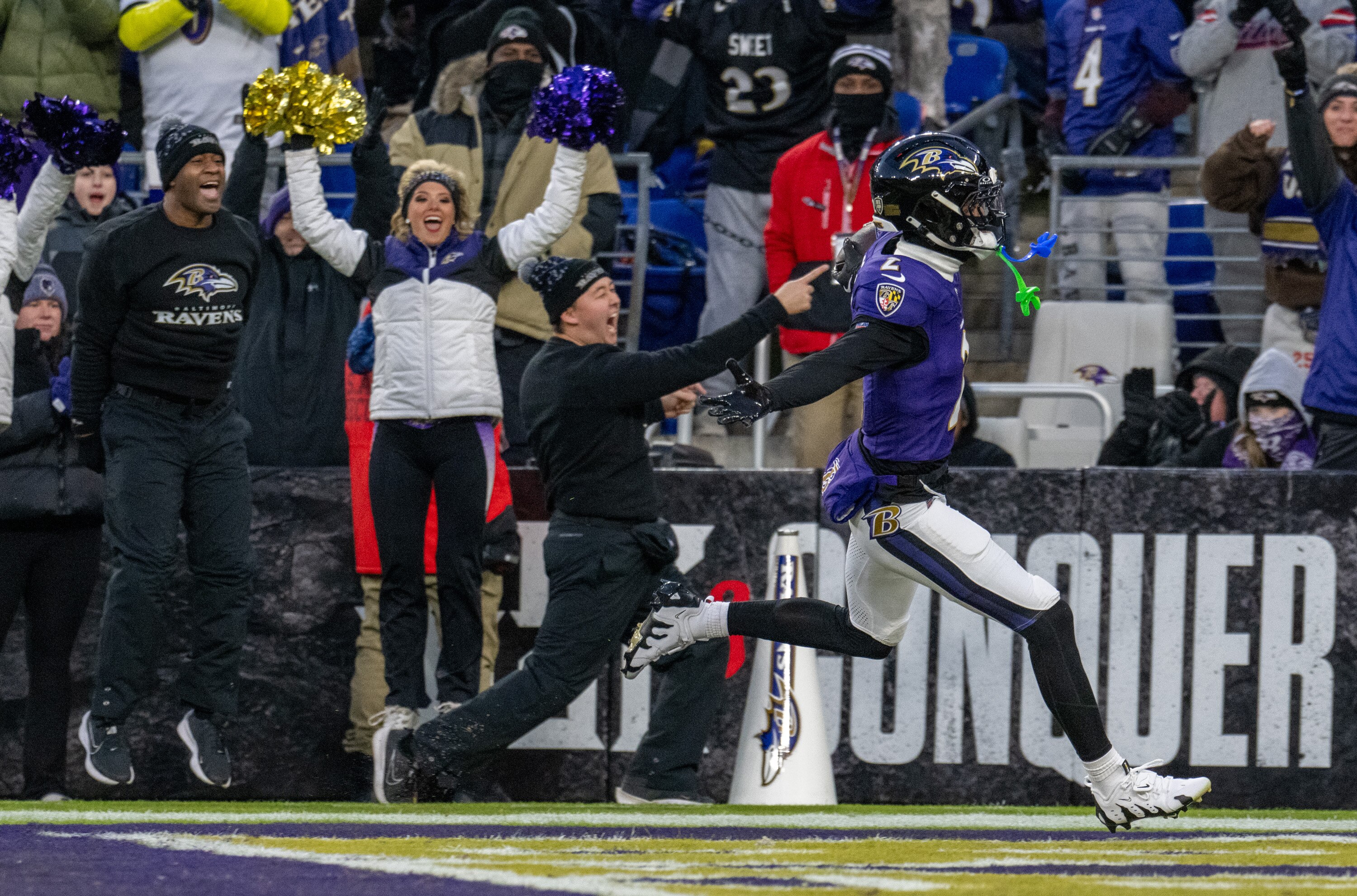 Baltimore Ravens cornerback Nate Wiggins (2) runs back an interception for a touchdown. The Baltimore Ravens host the Cleveland Browns at M&T Bank Stadium on Saturday, January 4, 2025.