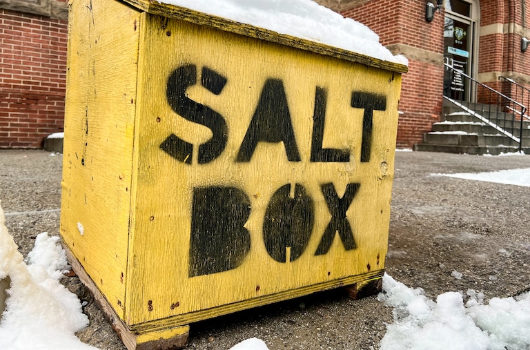 A salt box with snow on top is seen on South Ann Street before Lancaster Street in Fells Point on Wednesday, Feb. 12, 2025.