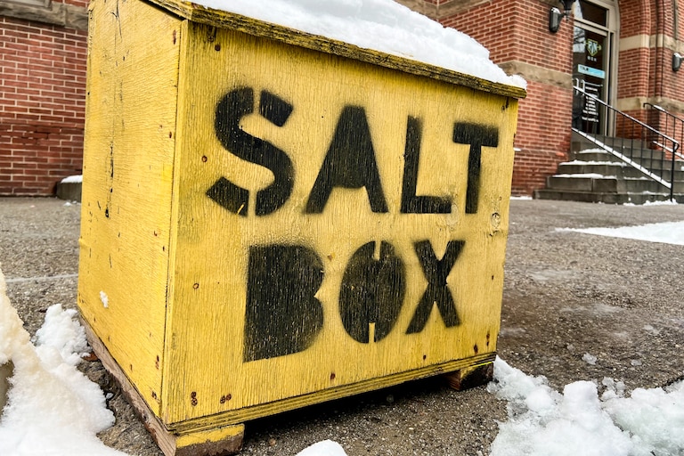 A salt box with snow on top is seen on South Ann Street before Lancaster Street in Fells Point on Wednesday, Feb. 12, 2025.