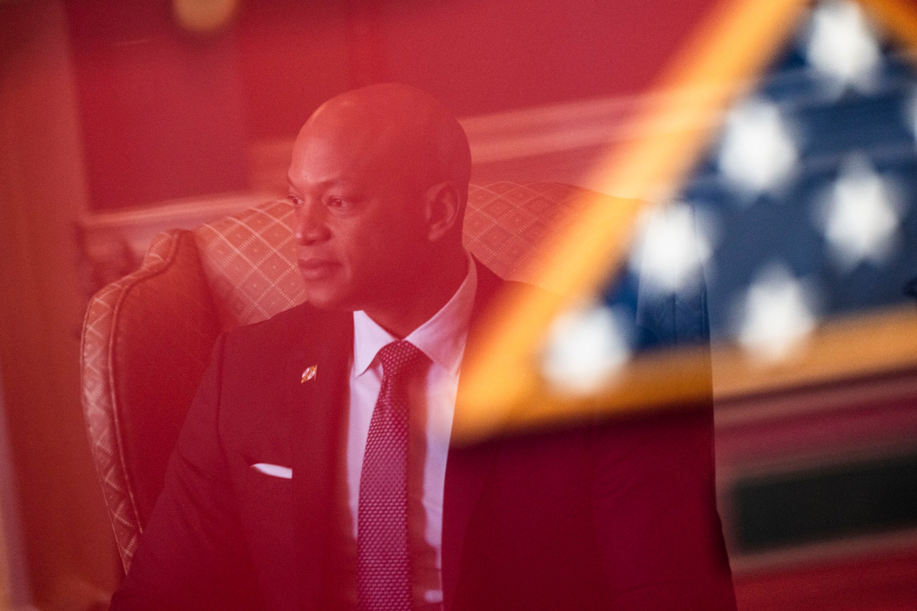 Maryland Gov. Wes Moore in his office in January. Moore attended the National Governors Association meeting in Washington, D.C., last week, witnessing President Donald Trump’s clash with Maine Gov. Janet Mills over transgender athletes in sports.