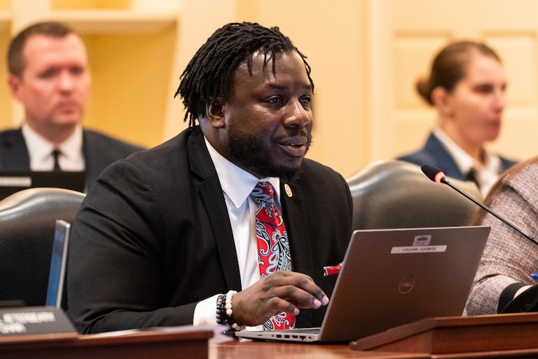 Del. Malcolm Ruff speaks during a House of Delegates Ways and Means Committee hearing about plans for Pimlico Race Course in Annapolis, Md. on Tuesday, March 19, 2024.